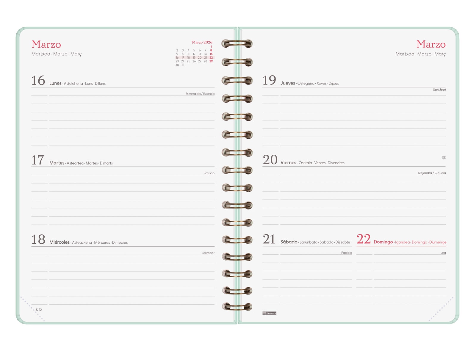 Agenda espiral doble año 2026 Trendy Alma E10-155x212 mm Semana Vista Horizontal Finocam menta castellano multilingüe Menta-5
