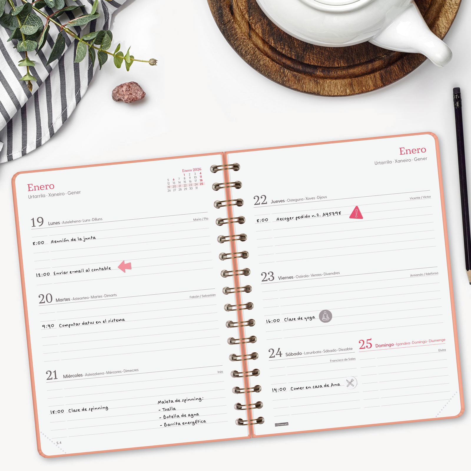 Agenda espiral doble año 2026 Trendy Alma E10-155x212 mm Semana Vista Horizontal Finocam coral castellano multilingüe Coral-3
