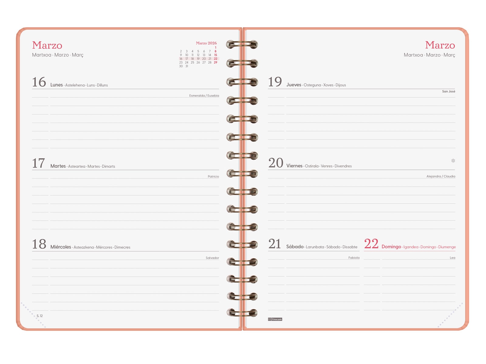 Agenda espiral doble año 2026 Trendy Alma E10-155x212 mm Semana Vista Horizontal Finocam coral castellano multilingüe Coral-5