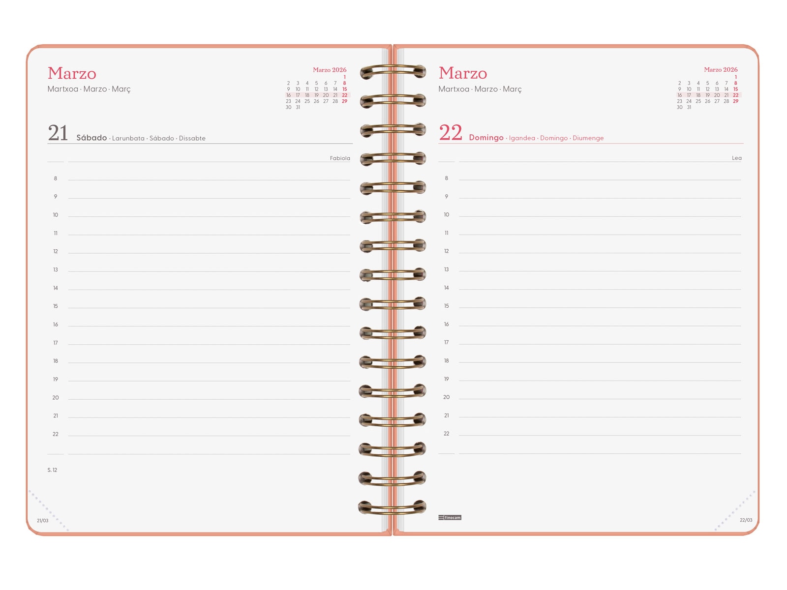 Agenda espiral doble año 2026 Trendy Alma E10-155x212 mm 1 Día Página Finocam coral castellano multilingüe 5
