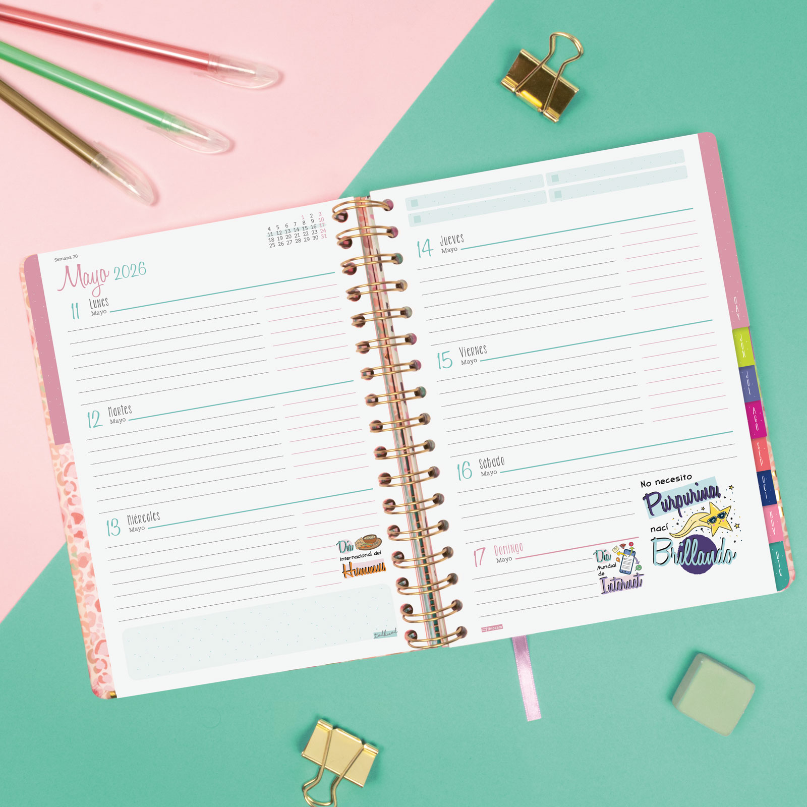 Agenda espiral doble año 2026 Talkual 4º-155x217 mm Semana Vista Horizontal Oro Finocam multicolor castellano Multicolor-3