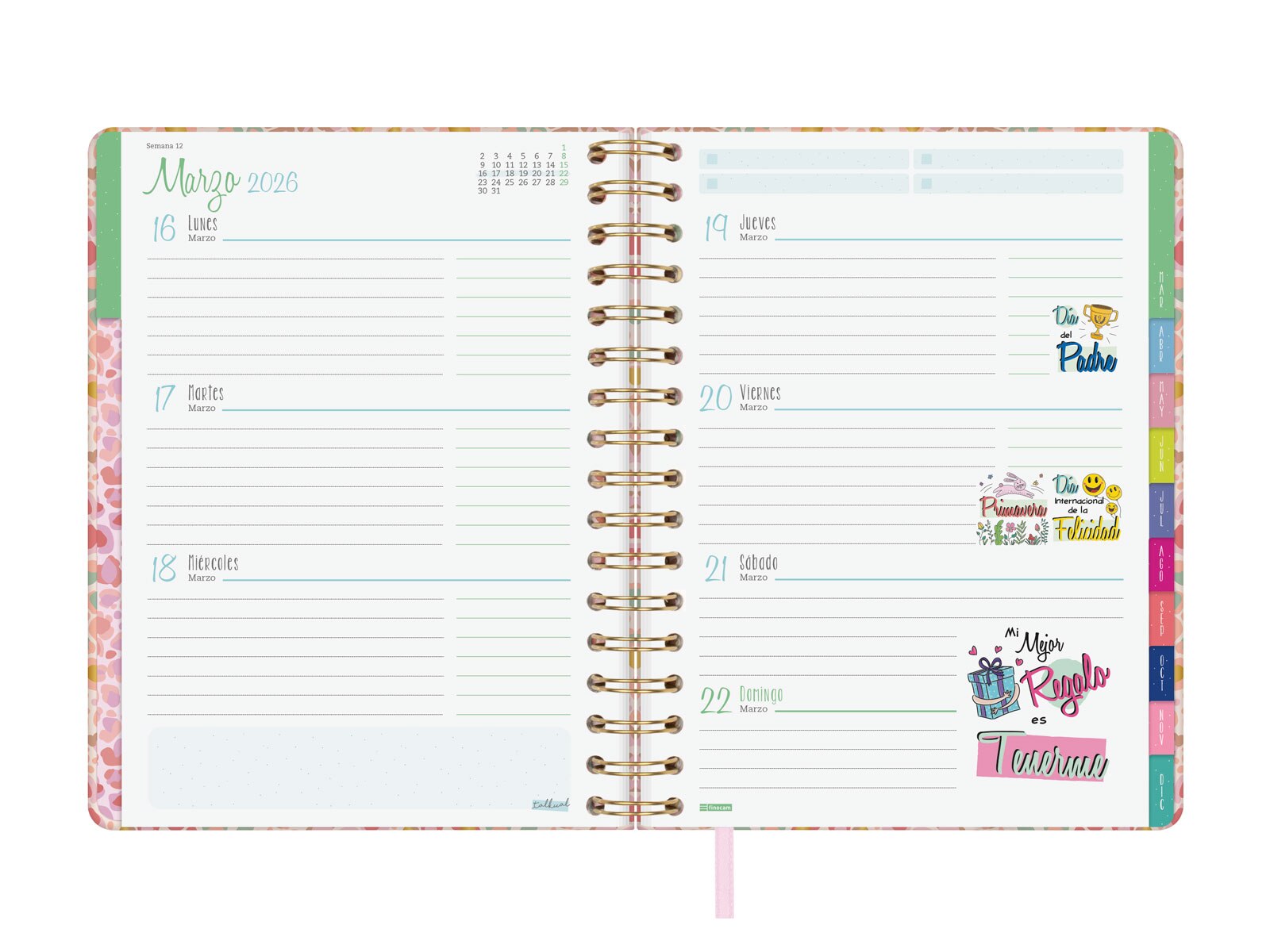 Agenda espiral doble año 2026 Talkual 4º-155x217 mm Semana Vista Horizontal Oro Finocam multicolor castellano Multicolor-6