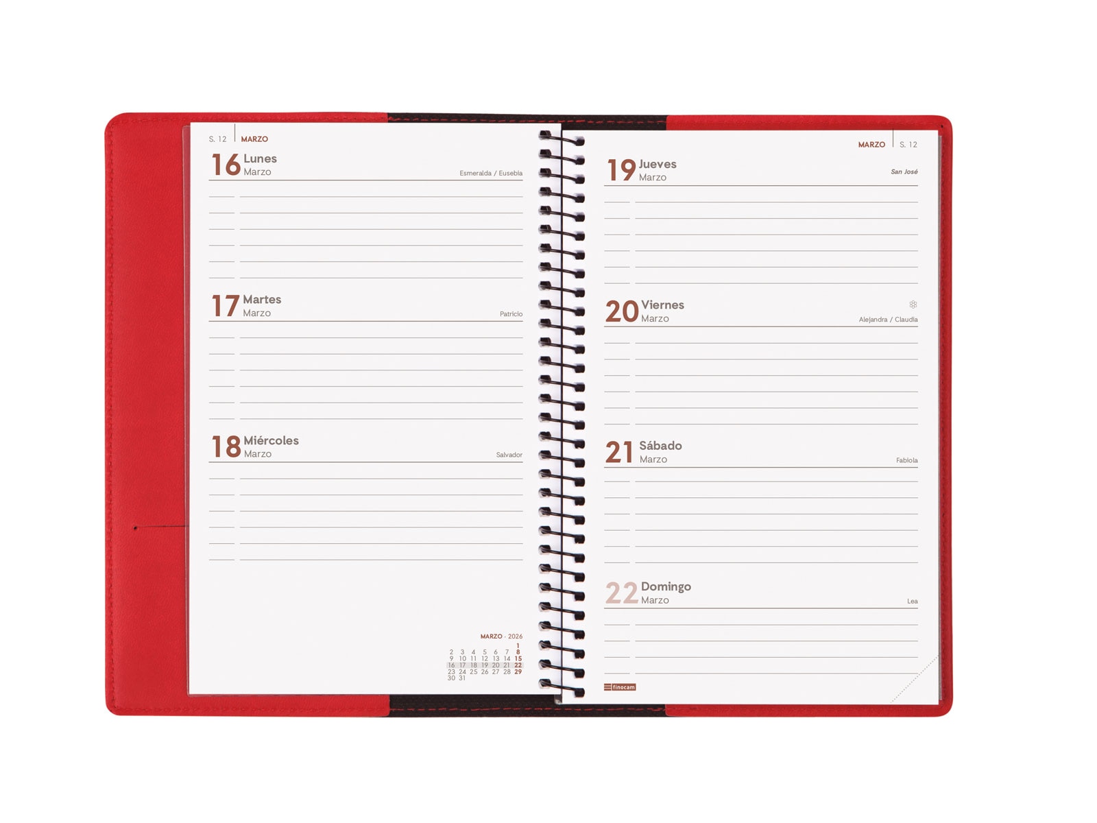 Agenda espiral con sobrecubierta y bloc de notas año 2026 Duoband E5-117x181 mm Semana Vista Horizontal Finocam rojo castellano Rojo-6