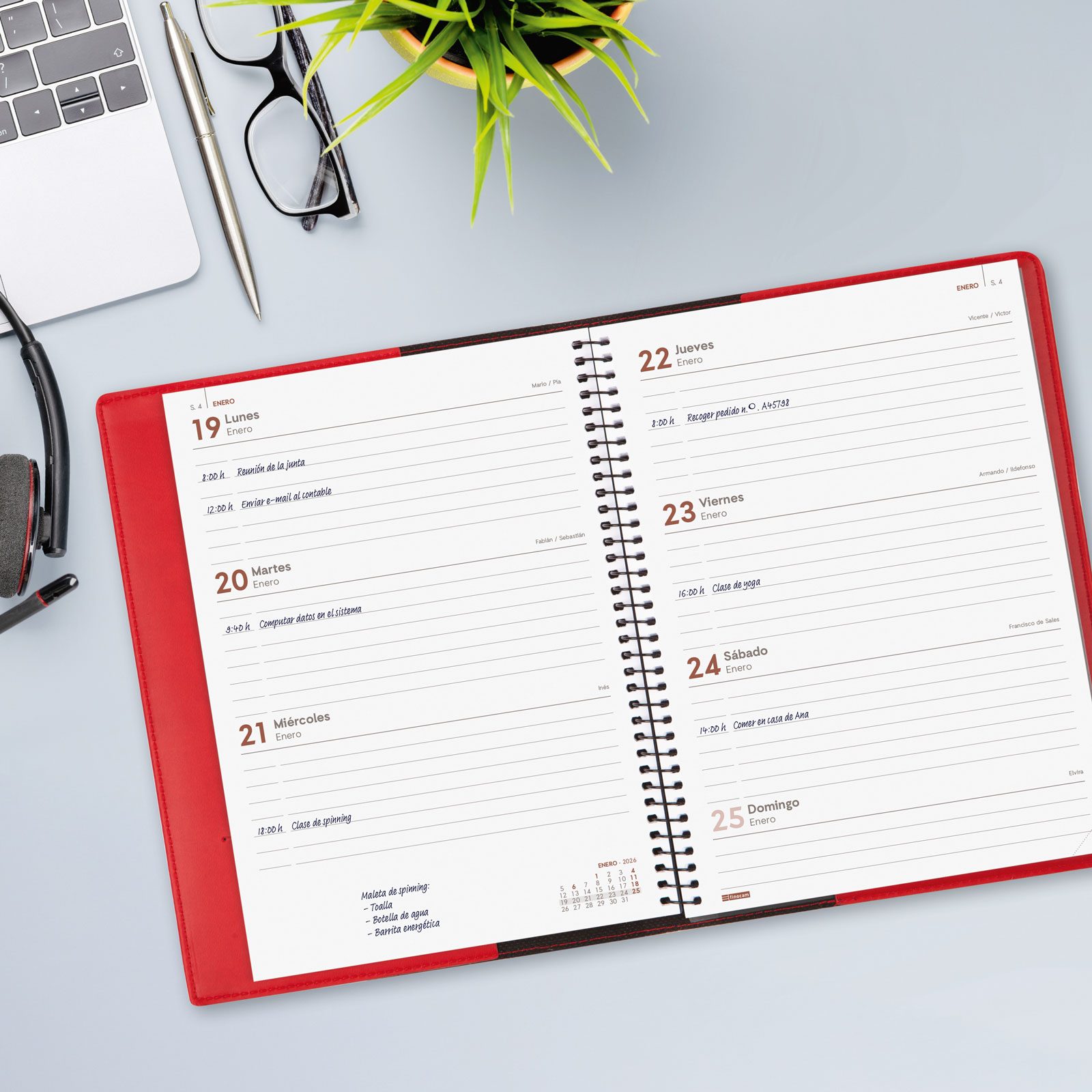 Agenda espiral con sobrecubierta y bloc de notas año 2026 Duoband E10-155x212 mm Semana Vista Horizontal Finocam rojo castellano Rojo-3