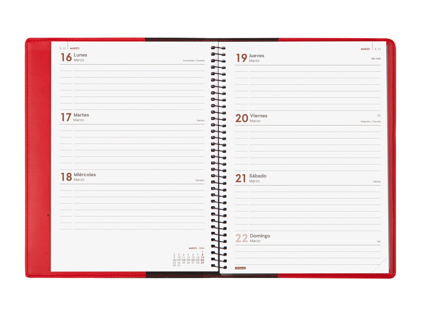 Agenda espiral con sobrecubierta y bloc de notas año 2026 Duoband E10-155x212 mm Semana Vista Horizontal Finocam rojo castellano Rojo-6