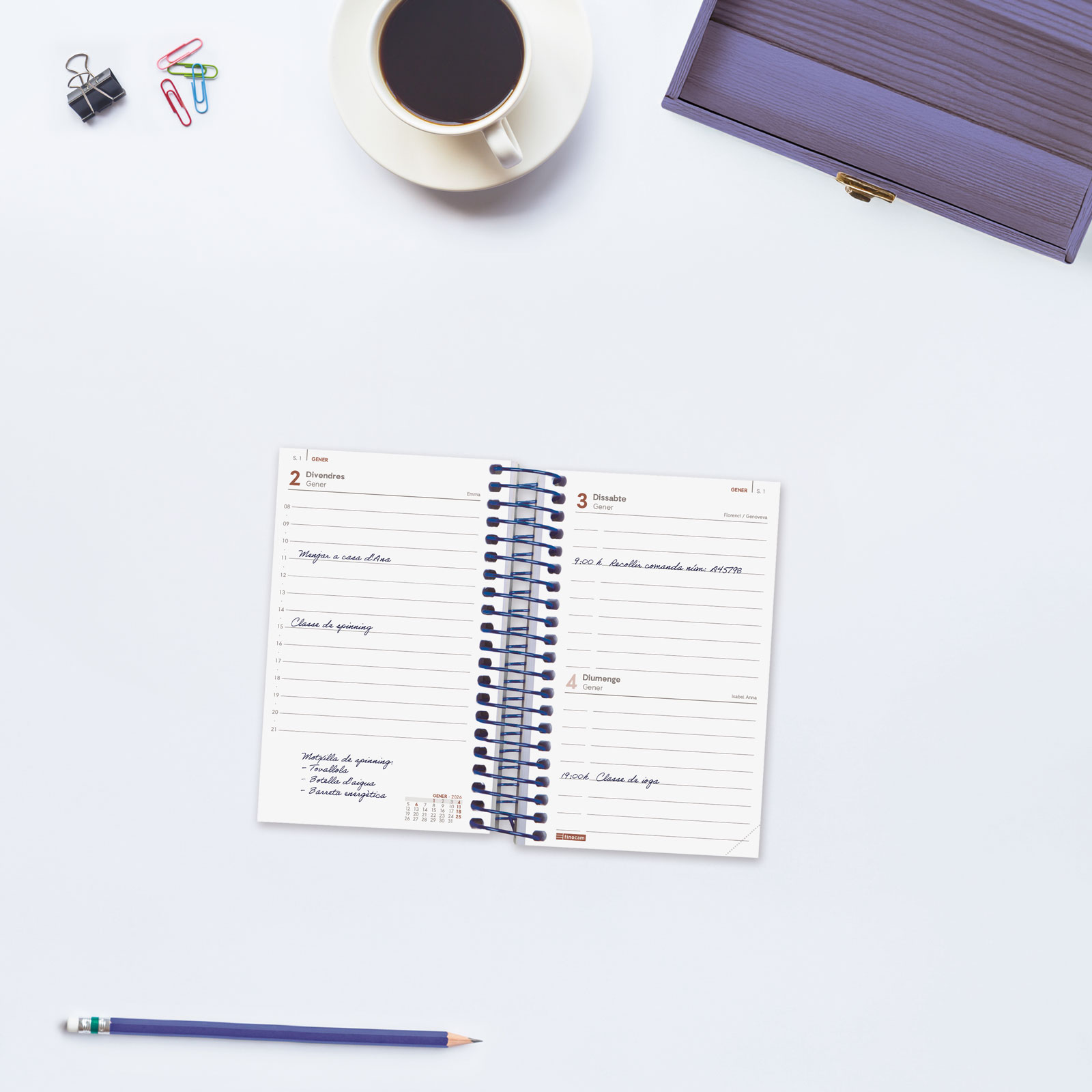 Agenda año 2026 Espiral Basics Year E3-79x127 mm 1 Día Página Finocam azul catalán 3