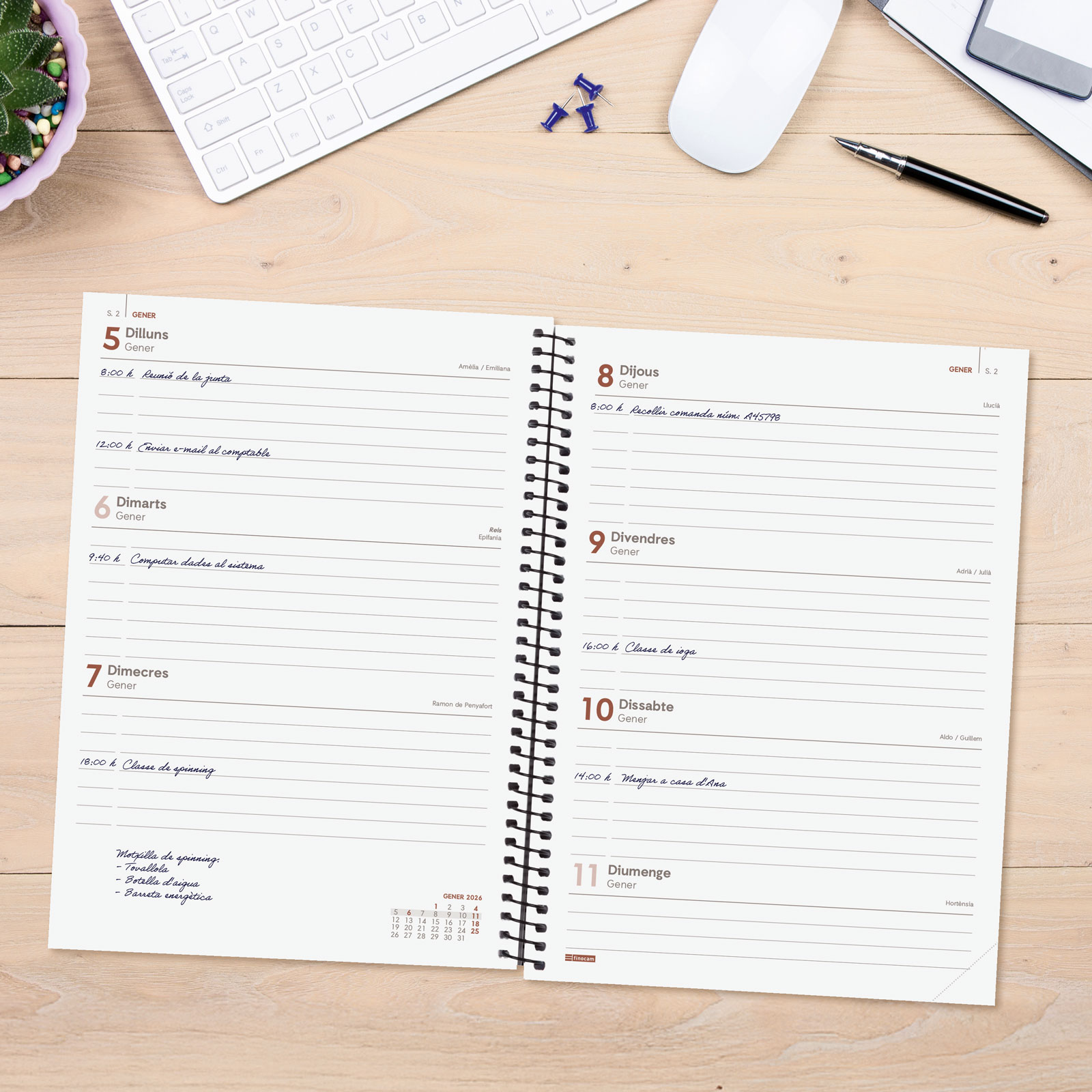Agenda año 2026 Espiral Basics Personalizable E10-155x212 mm Semana Vista Horizontal Finocam catalán Multicolor-3