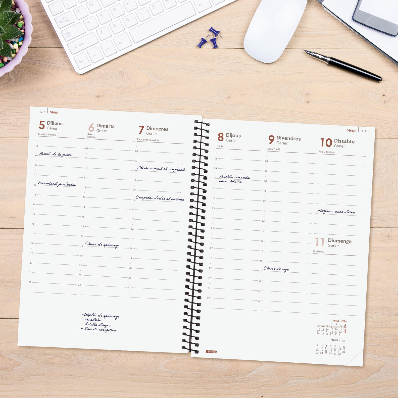 Agenda año 2026 Espiral Basics Personalizable E10-155x212 mm Semana Vista Vertical Finocam catalán Multicolor-3