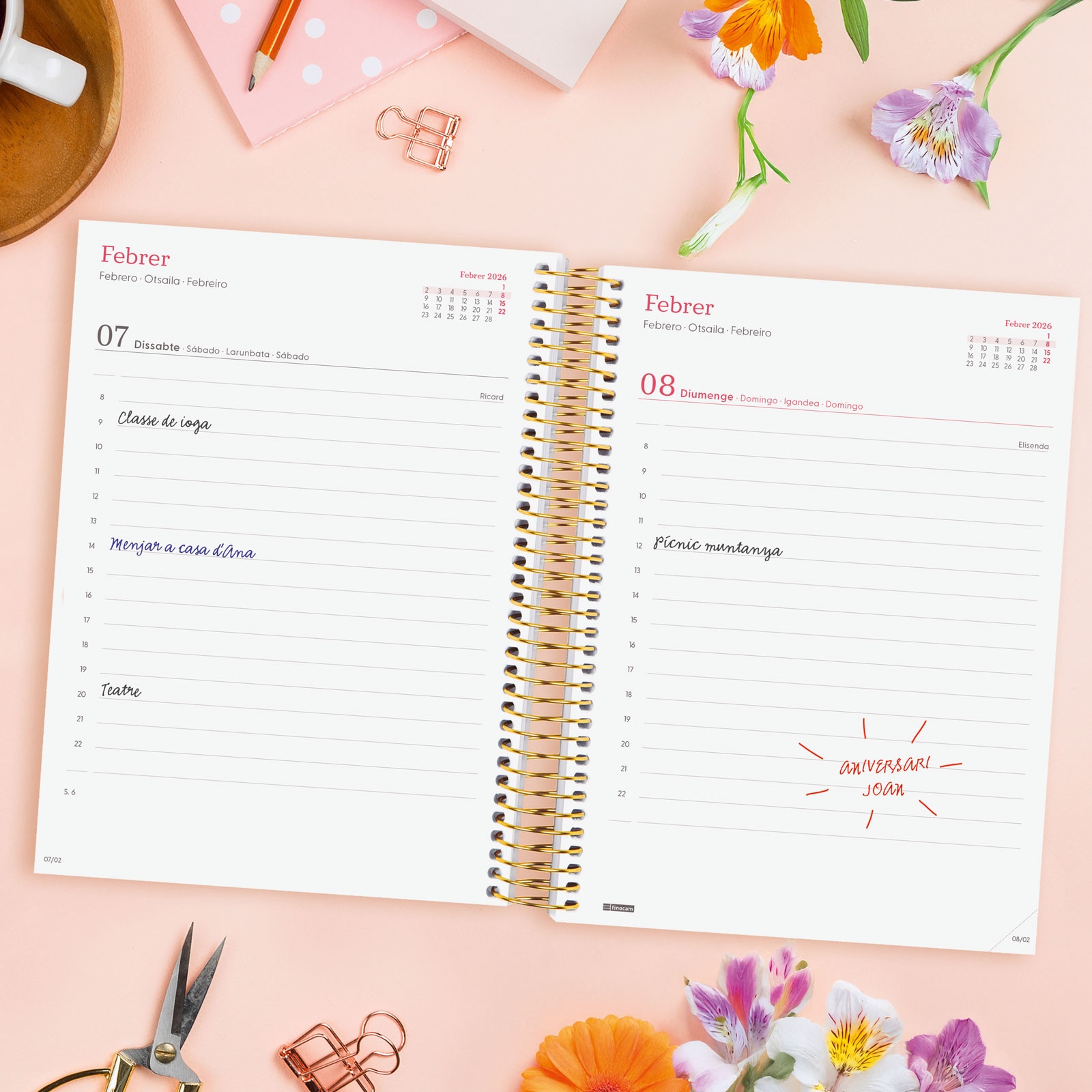Agenda año 2026 Espiral Trendy Design Collection E10-155x212 mm 1 Día Página Flora Finocam multicolor catalán multilingüe 3