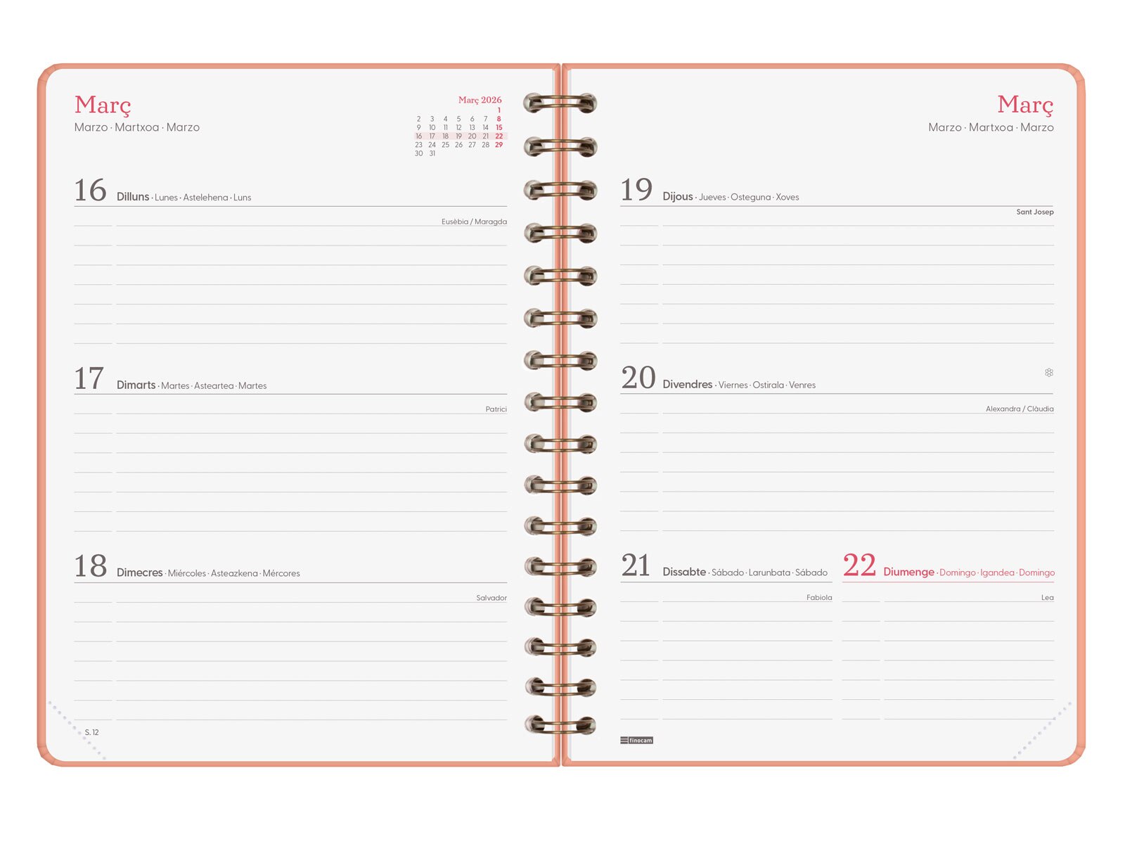 Agenda espiral doble año 2026 Trendy Alma E10-155x212 mm Semana Vista Horizontal Finocam coral catalán multilingüe Coral-5
