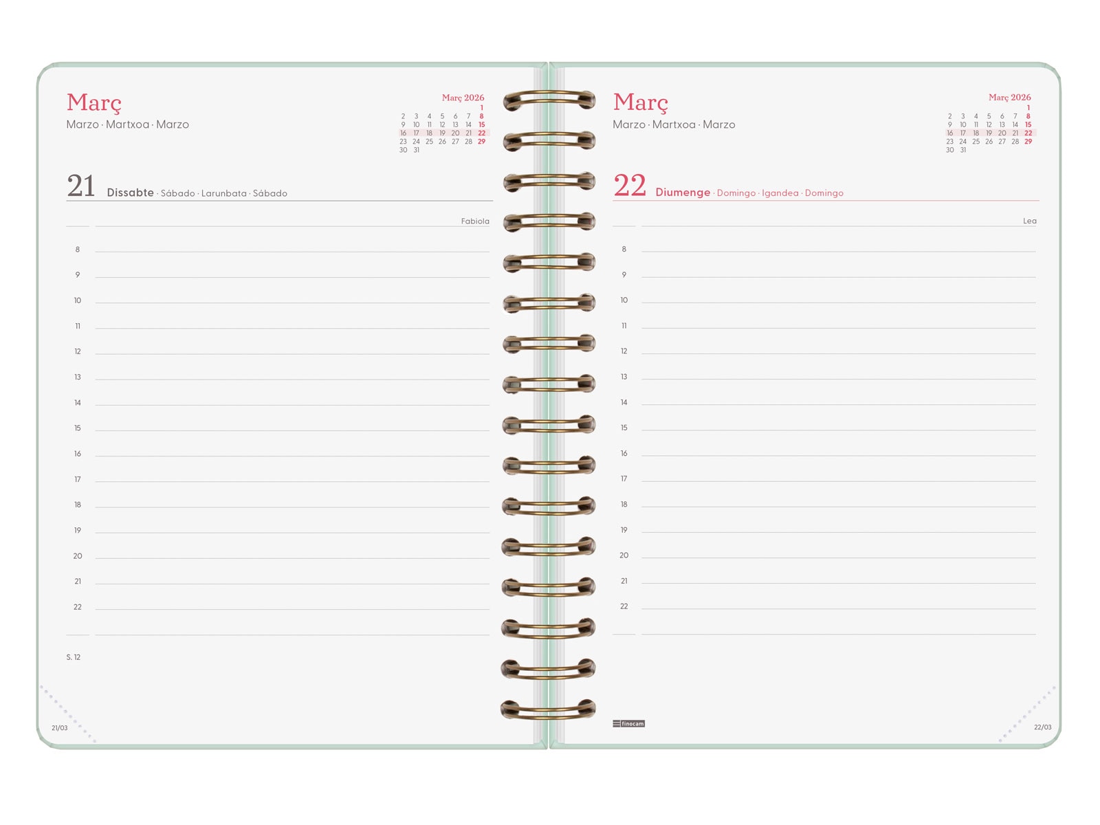 Agenda espiral doble año 2026 Trendy Alma E10-155x212 mm 1 Día Página Finocam menta catalán multilingüe 5