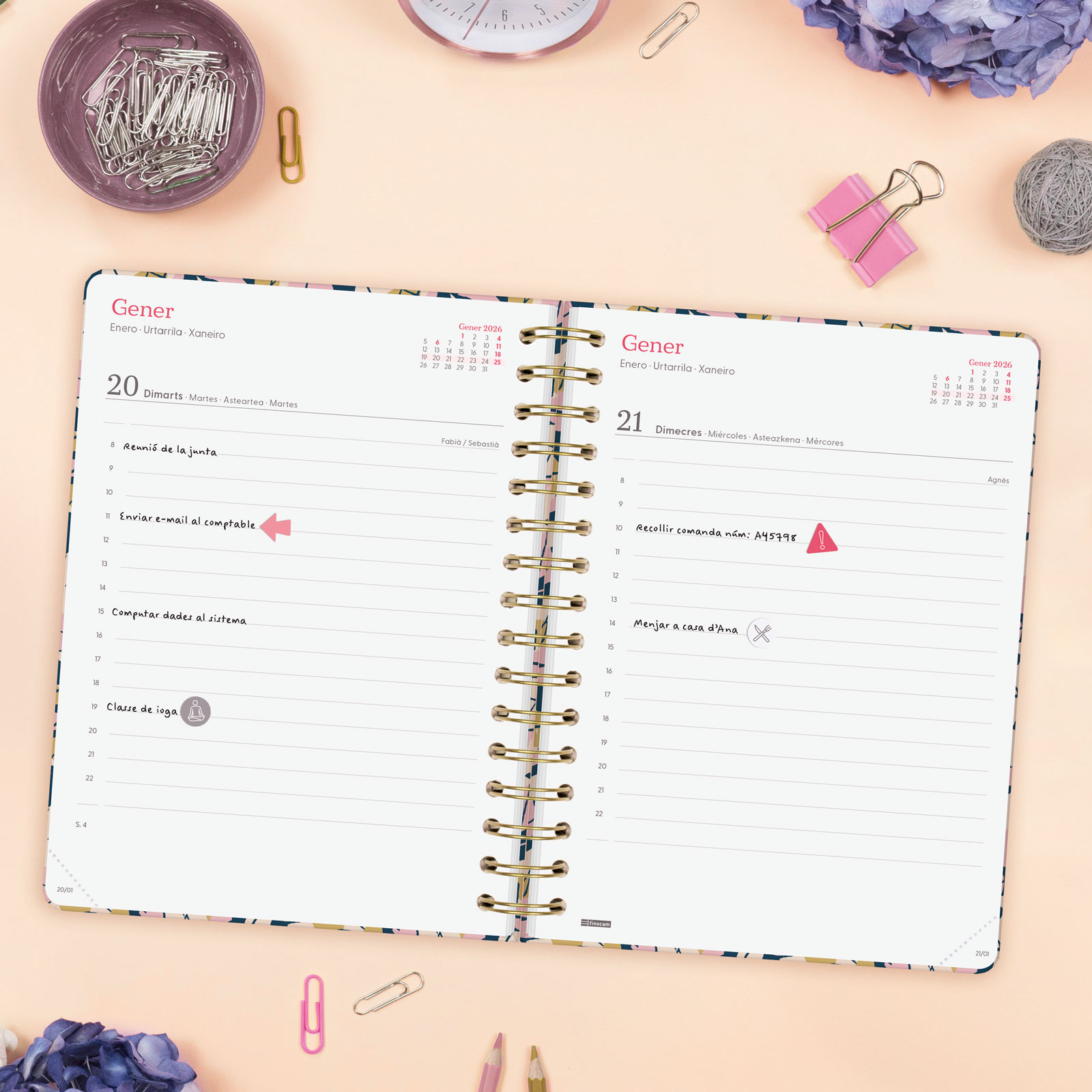 Agenda espiral doble año 2026 Trendy You E10-155x212 mm 1 Día Página Hojas Finocam multicolor catalán multilingüe 3