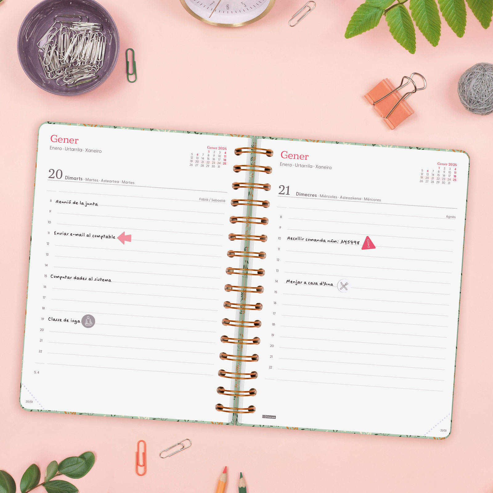Agenda espiral doble año 2026 Trendy You E10-155x212 mm 1 Día Página Trigo Finocam multicolor catalán multilingüe 3