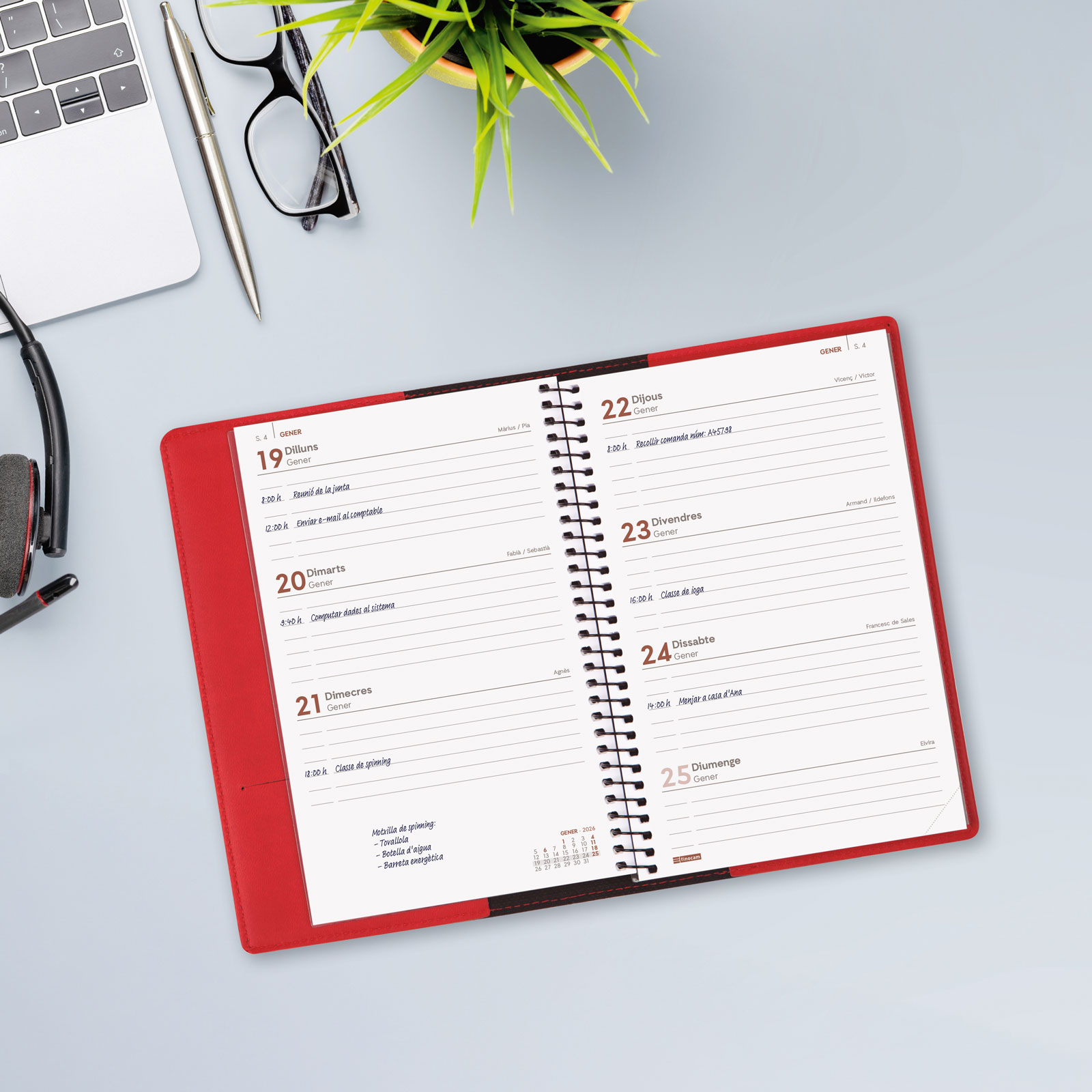 Agenda espiral con sobrecubierta y bloc de notas año 2026 Duoband E5-117x181 mm Semana Vista Horizontal Finocam rojo catalán Rojo-3