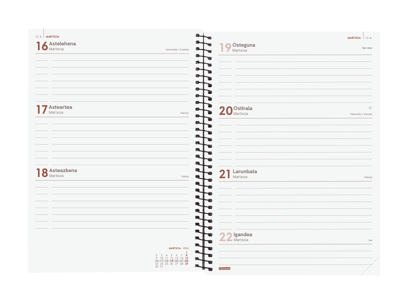 Agenda año 2026 Espiral Basics Opaque E10-155x212 mm Semana Vista Horizontal Finocam verde euskera Verde-4