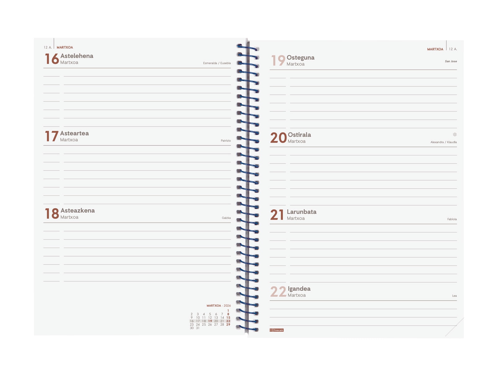 Agenda año 2026 Espiral Basics Year E10-155x212 mm Semana Vista Horizontal Finocam azul euskera Azul-4