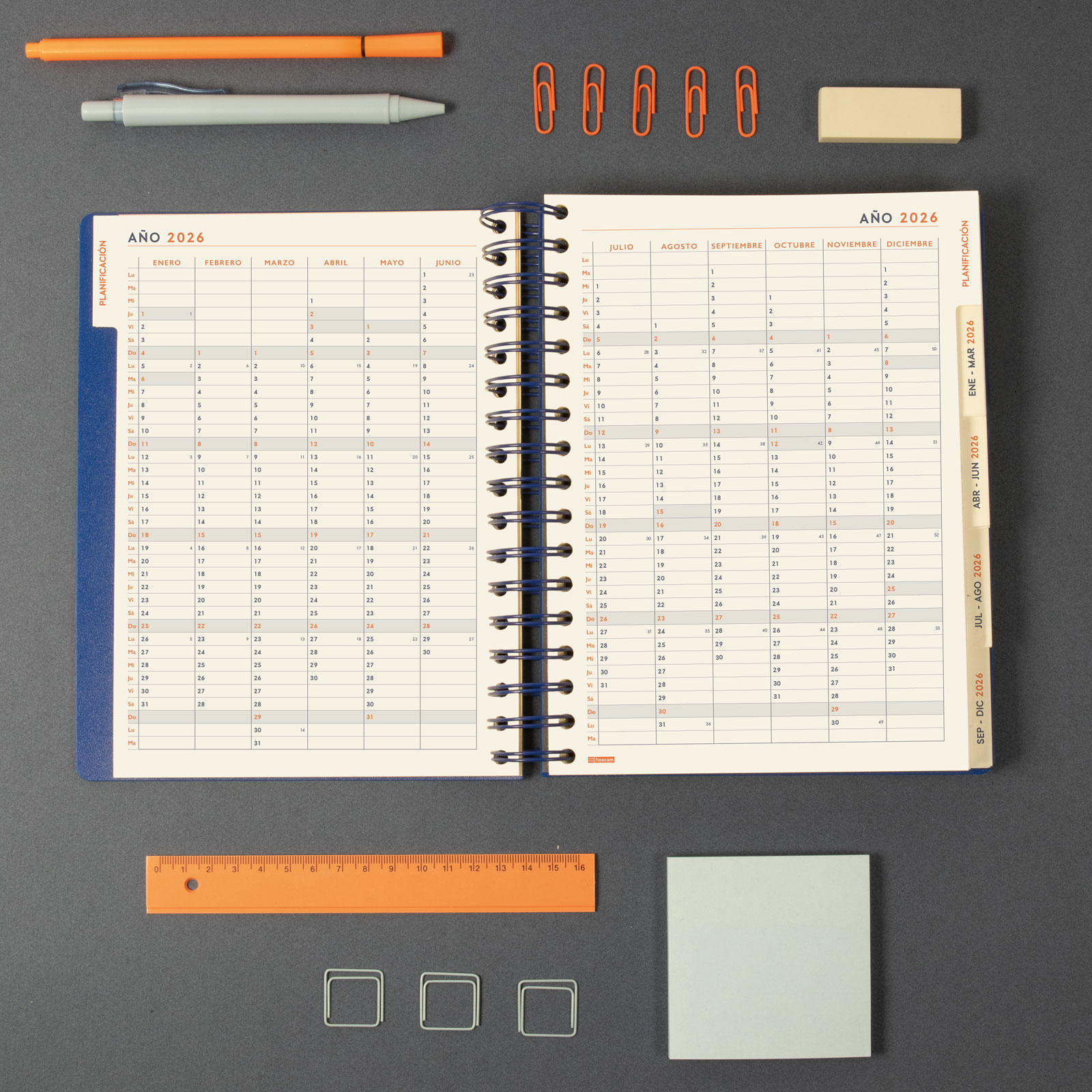 Agenda espiral doble año 2026 Tempus 4º-155x217 mm 1 Día Página Finocam azul castellano multilingüe Azul-4