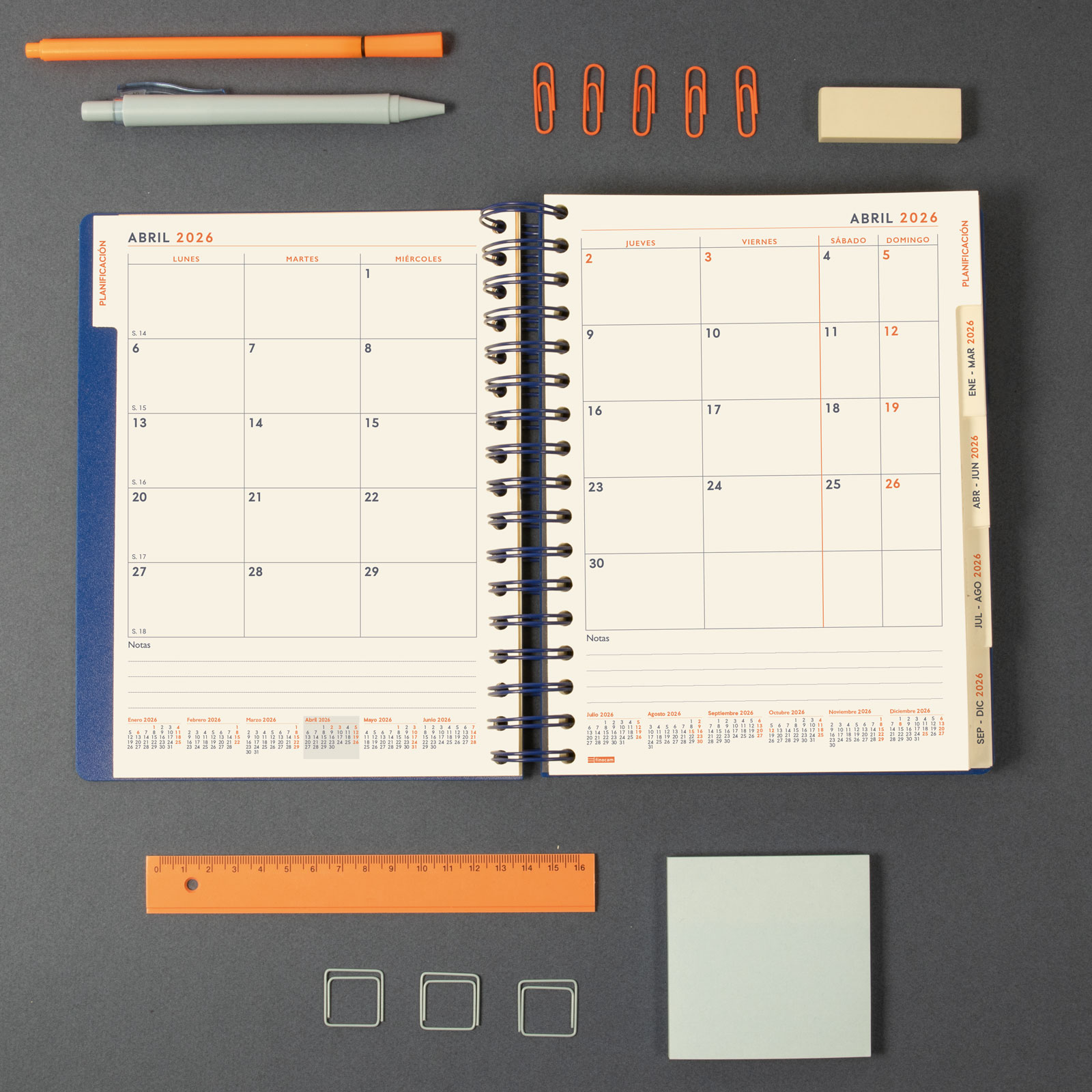 Agenda espiral doble año 2026 Tempus 4º-155x217 mm 1 Día Página Finocam azul castellano multilingüe Azul-5