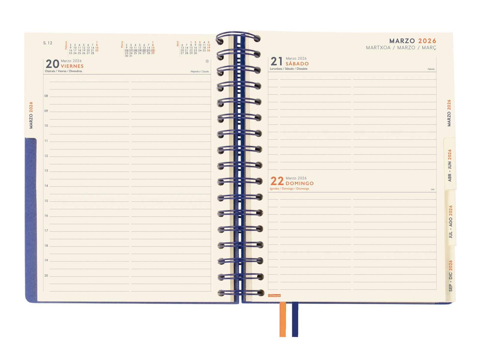 Agenda espiral doble año 2026 Tempus 4º-155x217 mm 1 Día Página Finocam azul castellano multilingüe Azul-11