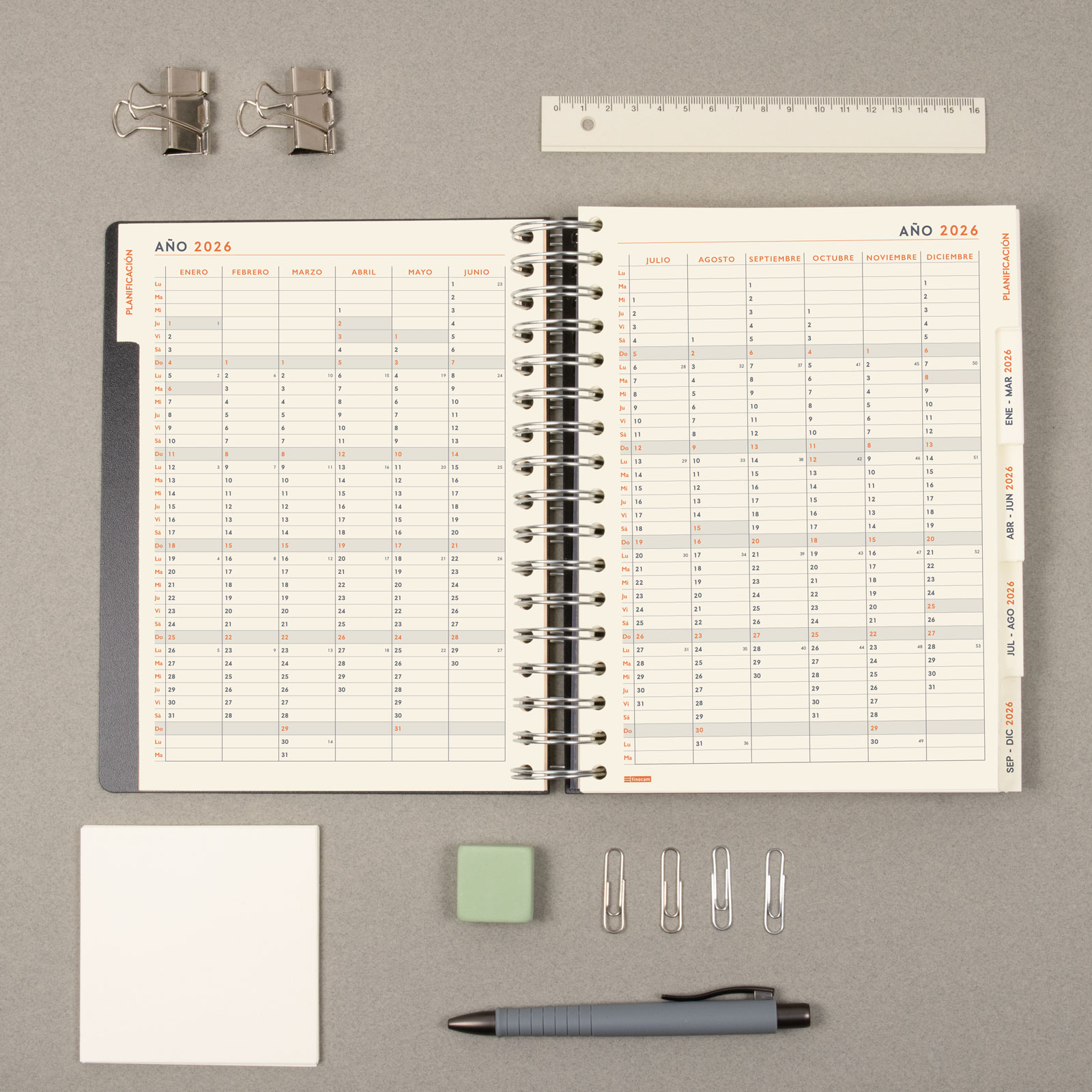 Agenda espiral doble año 2026 Tempus 4º-155x217 mm 1 Día Página Finocam negro castellano multilingüe Negro-4