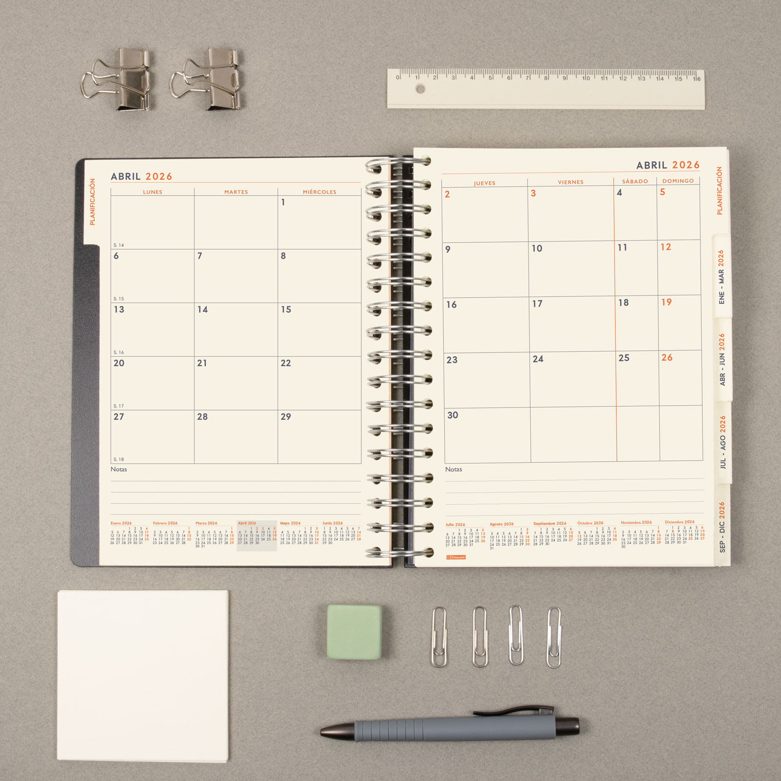 Agenda espiral doble año 2026 Tempus 4º-155x217 mm 1 Día Página Finocam negro castellano multilingüe Negro-5