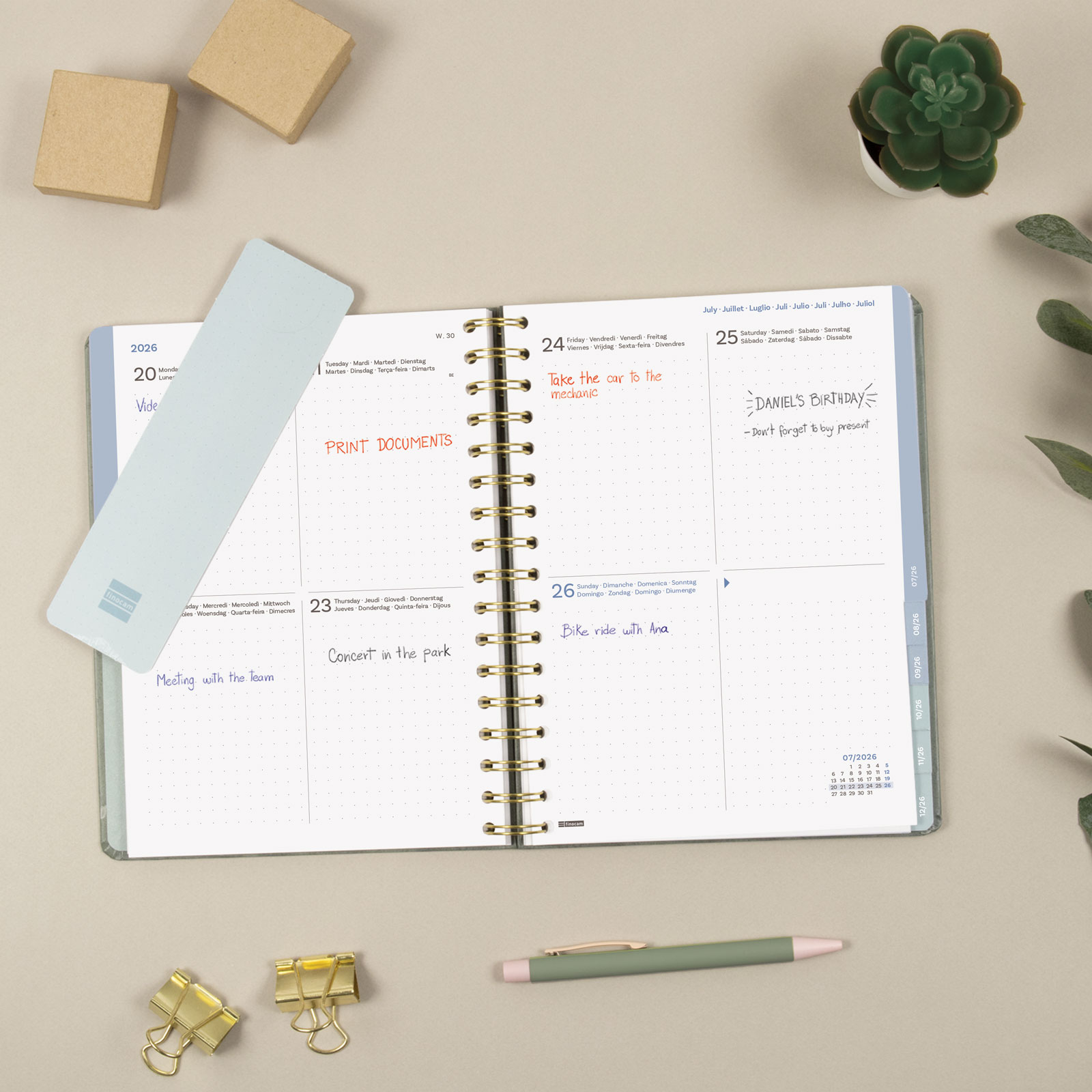 Agenda espiral doble año 2026 Optimal 4º - 155x212 mm Semana Vista Horizontal Emma Finocam multicolor internacional multilingüe Multicolor-4