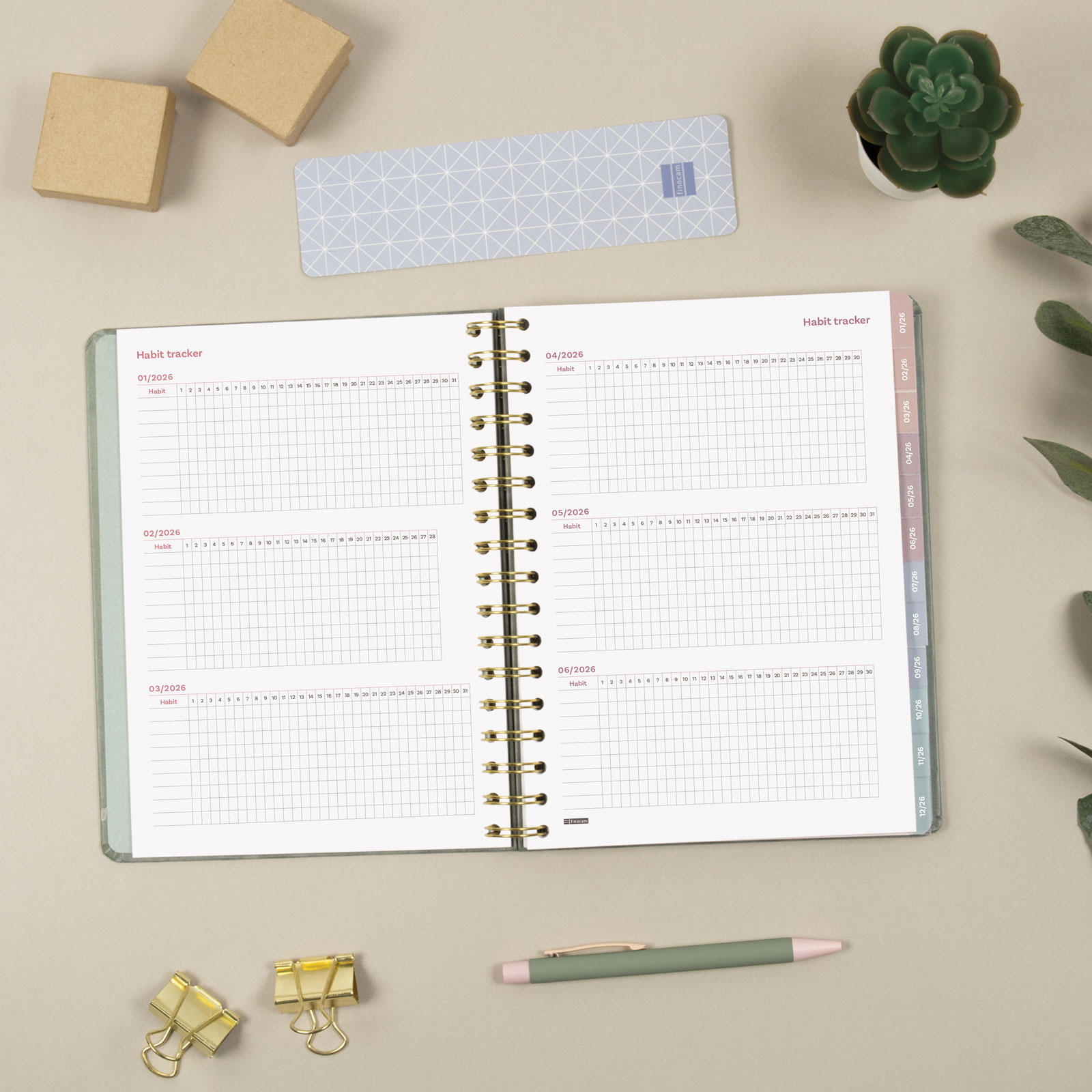 Agenda espiral doble año 2026 Optimal 4º - 155x212 mm Semana Vista Horizontal Emma Finocam multicolor internacional multilingüe Multicolor-5