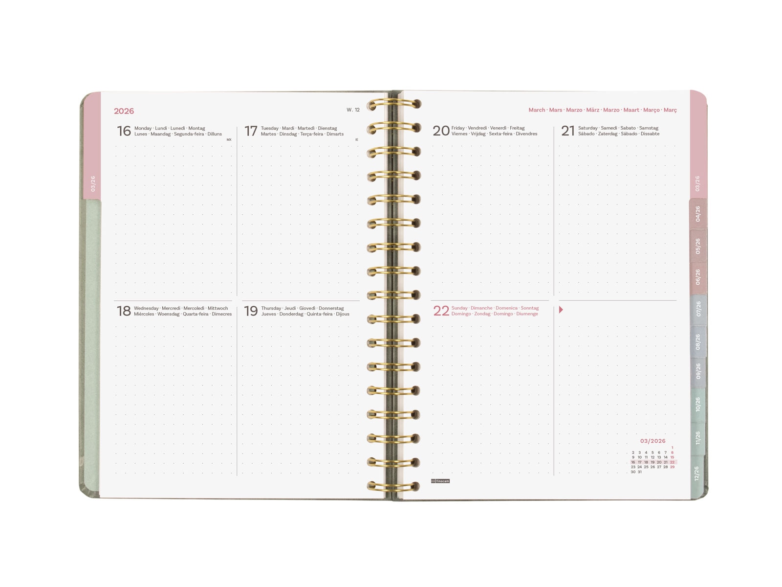 Agenda espiral doble año 2026 Optimal 4º - 155x212 mm Semana Vista Horizontal Emma Finocam multicolor internacional multilingüe Multicolor-8