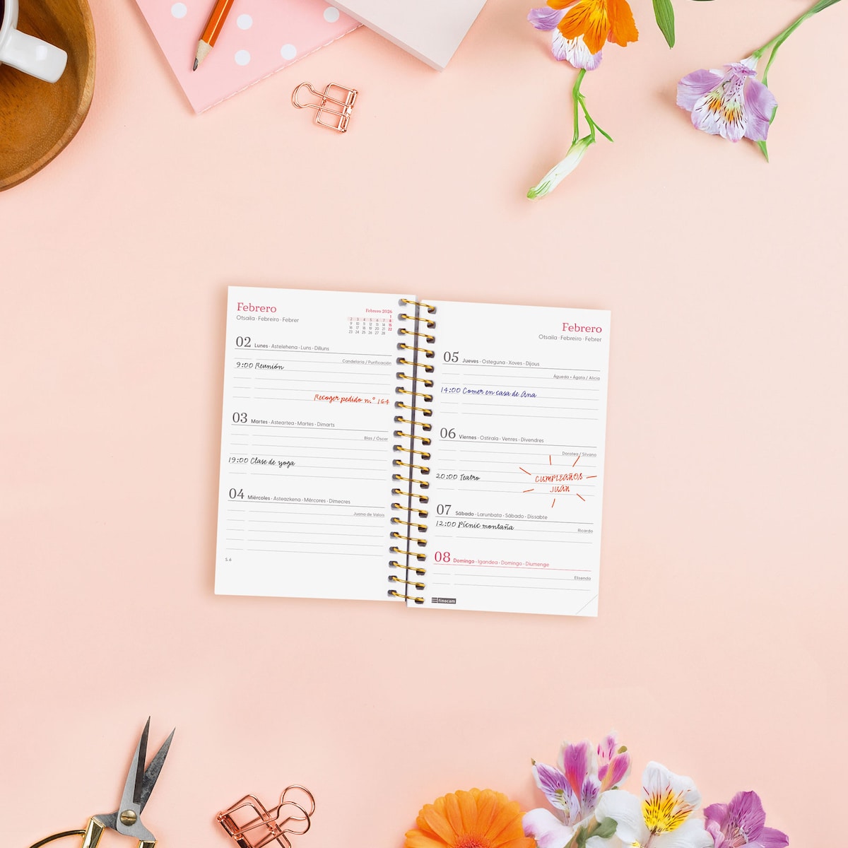 Agenda año 2026 Espiral Trendy Design Collection E3-79x127 mm Semana Vista Horizontal Flora Finocam multicolor castellano multilingüe Multicolor-3