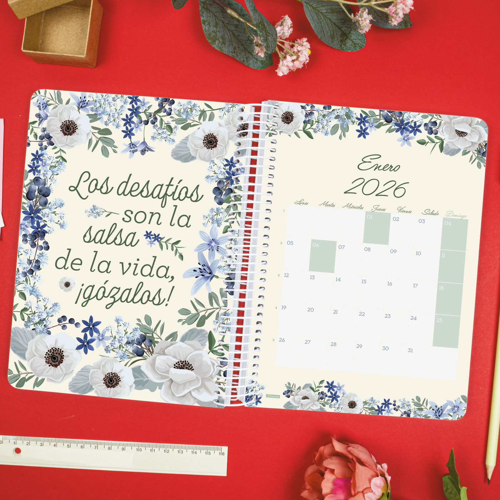 Agenda espiral año 2026 Cloe E10-155x212 mm 1 Día Página Finocam verde castellano Verde-4