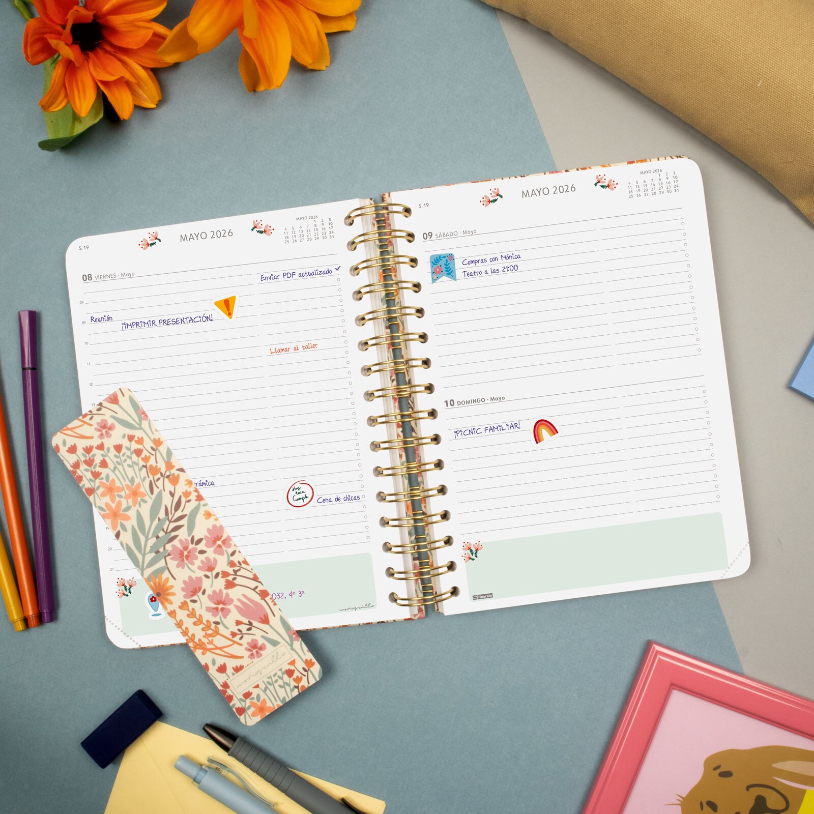 Agenda espiral doble año 2026 Moniquilla E10-155x212 mm 1 Día Página Espiga Finocam multicolor castellano Multicolor-4