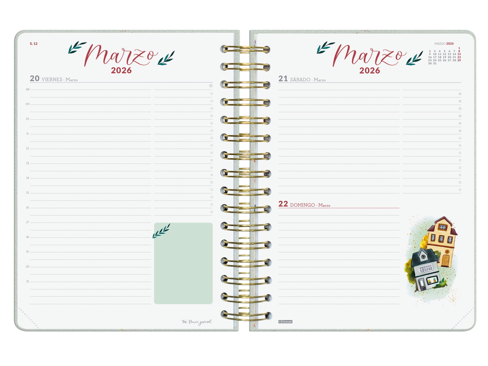 Agenda espiral doble año 2026 The Flower Journal E10-155x212 mm 1 Día Página Finocam verde castellano Verde-8