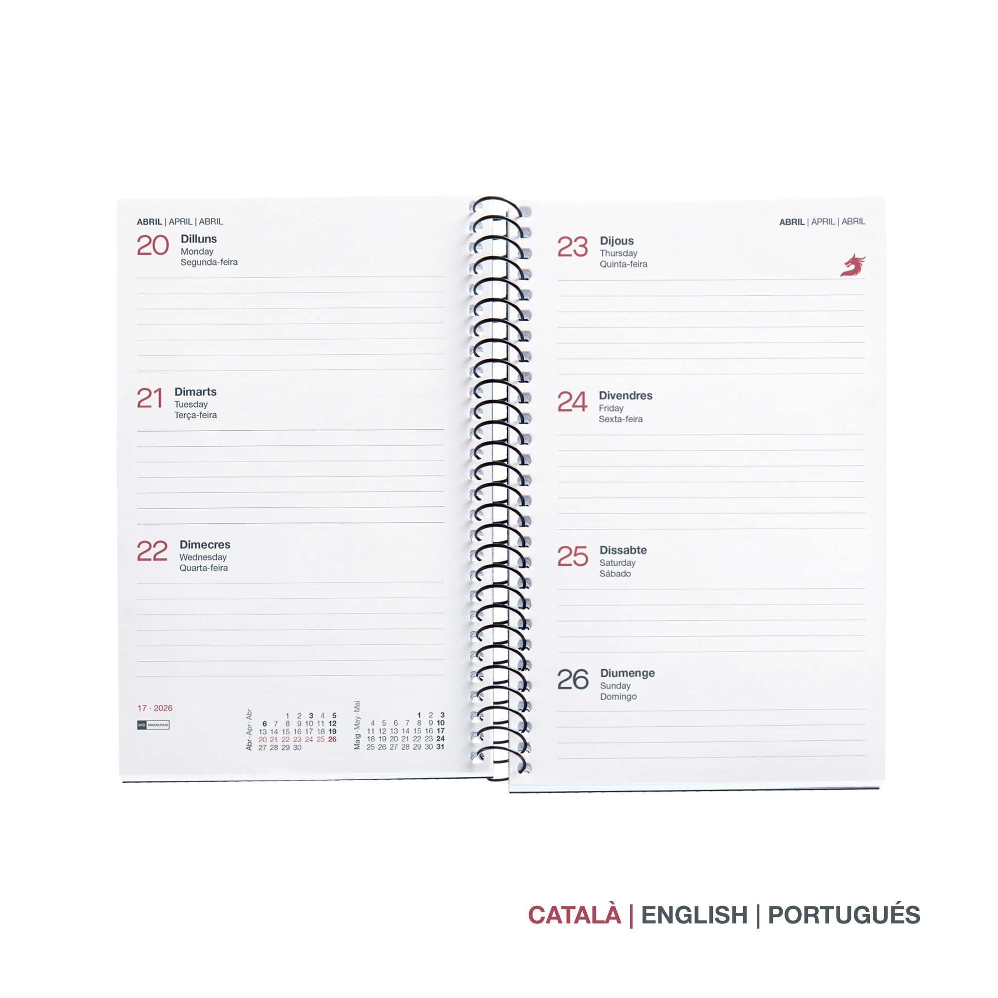 Agenda Espiral Activa Semana Vista Catalán PP City Rojo 2026 Miquelrius Rojo-2