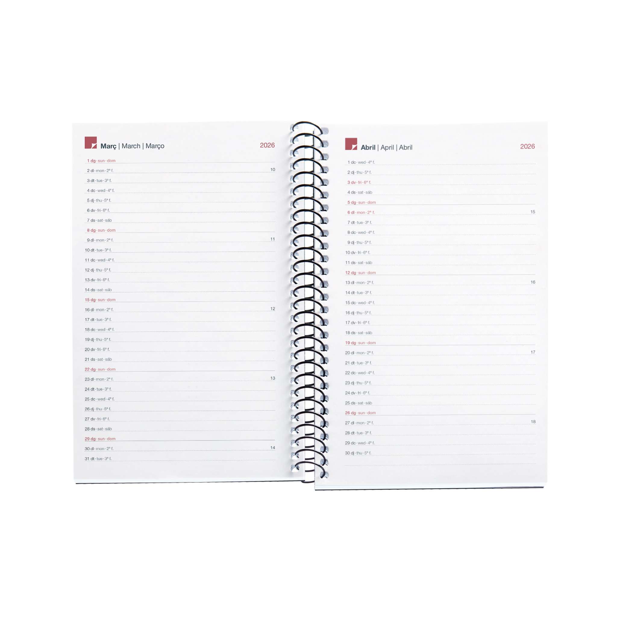 Agenda Espiral Activa Semana Vista Catalán PP City Rojo 2026 Miquelrius Rojo-3