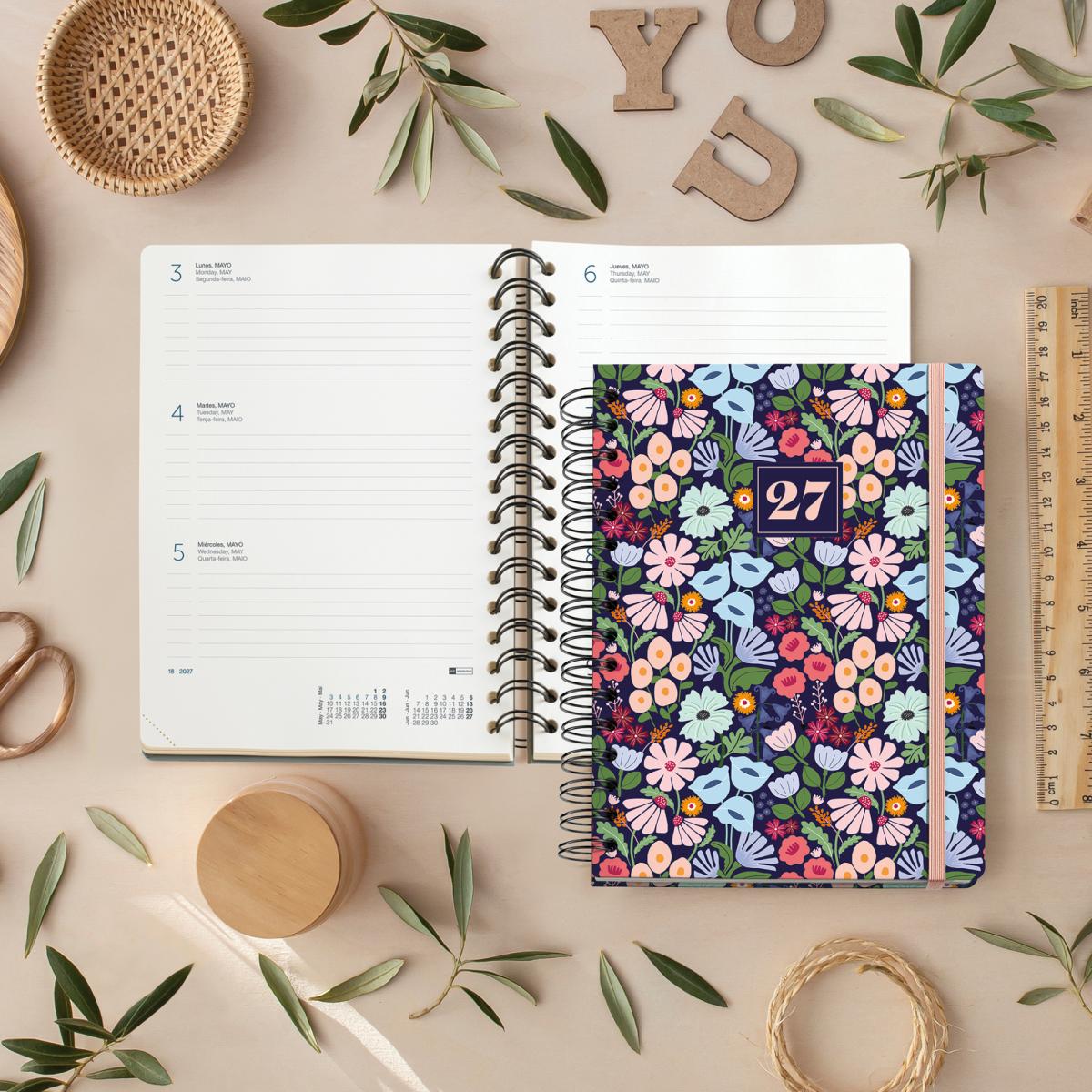 Agenda 18 Meses Plus Wire-O Semana Vista Black Bloom 2026-27 Miquelrius Multicolor-8