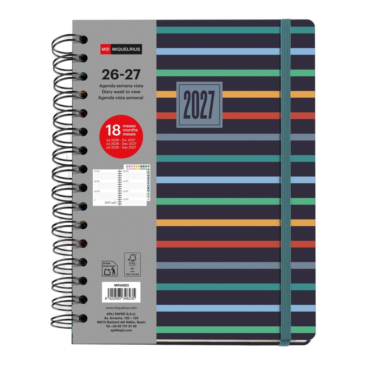Imagem 0 de Agenda 18 Meses Plus Wire-O Semana Vista Stripes 2026-27 Miquelrius