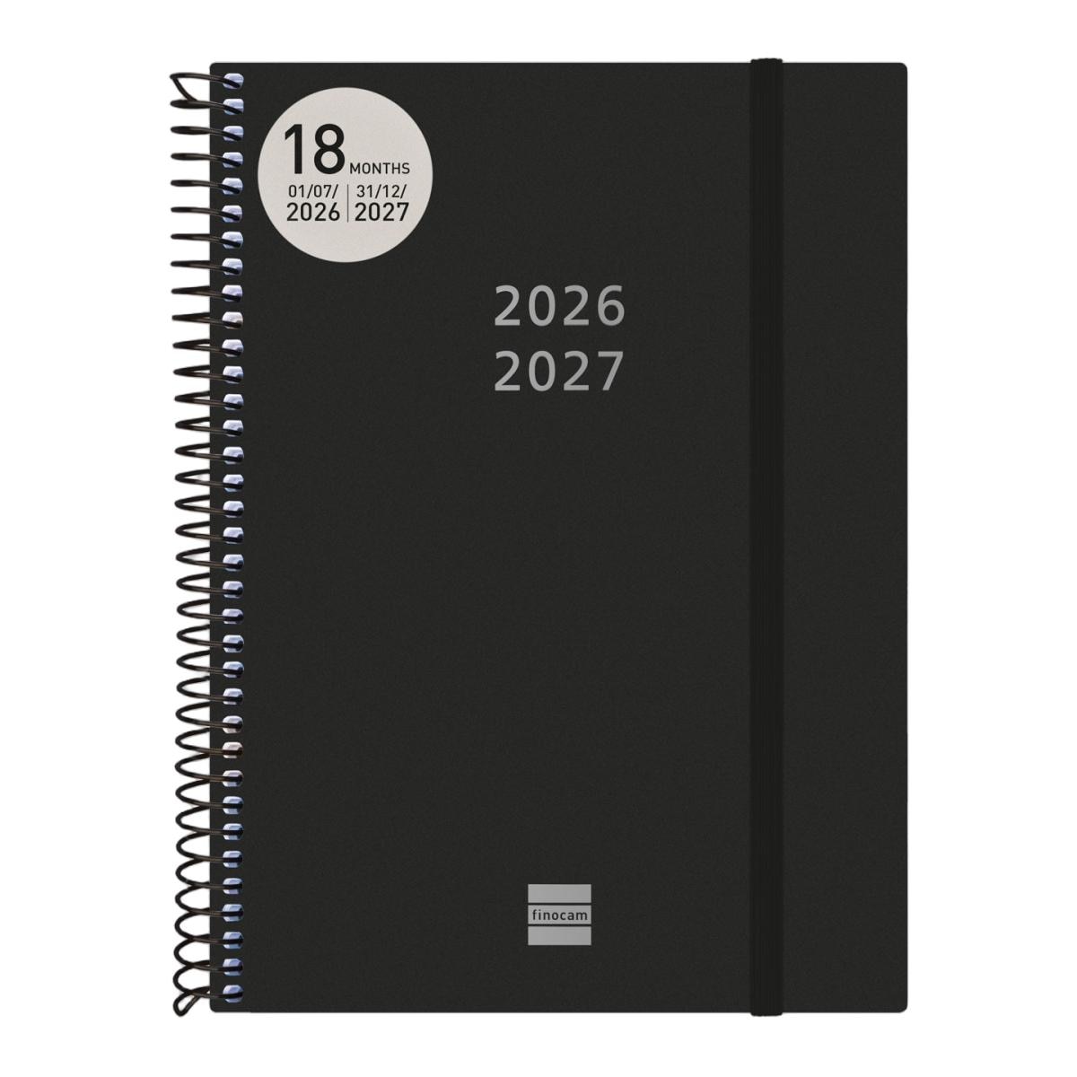 Agenda 18 meses julio 2026-diciembre 2027 espiral E10-155x212 mm semana vista horizontal Finocam negro internacional multilingüe 2