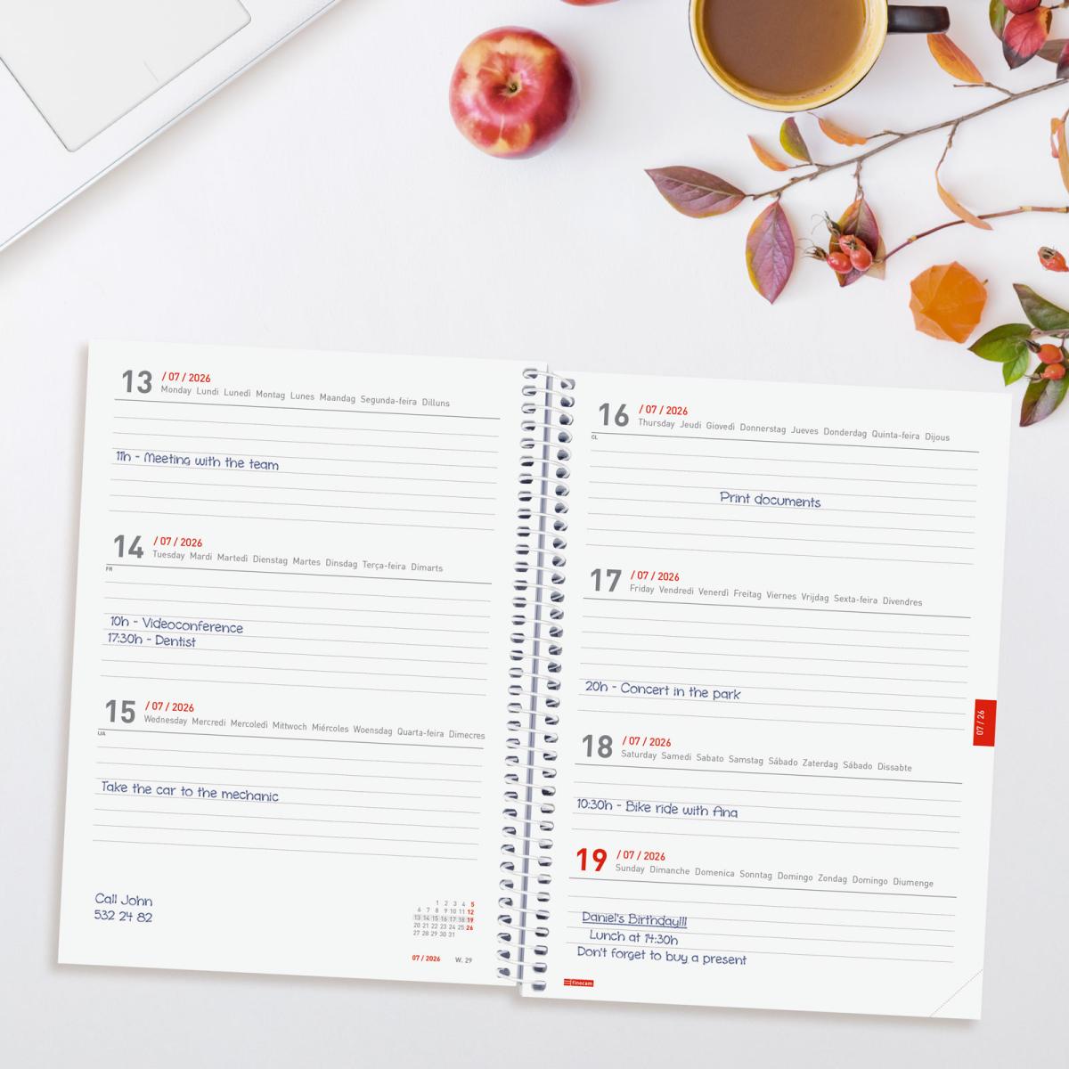 Agenda 18 meses julio 2026-diciembre 2027 espiral E10-155x212 mm semana vista horizontal Pretty Finocam internacional multilingüe 4