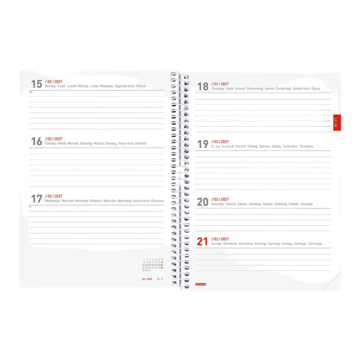 Agenda 18 meses julio 2026-diciembre 2027 espiral E10-155x212 mm semana vista horizontal Pretty Finocam internacional multilingüe 5