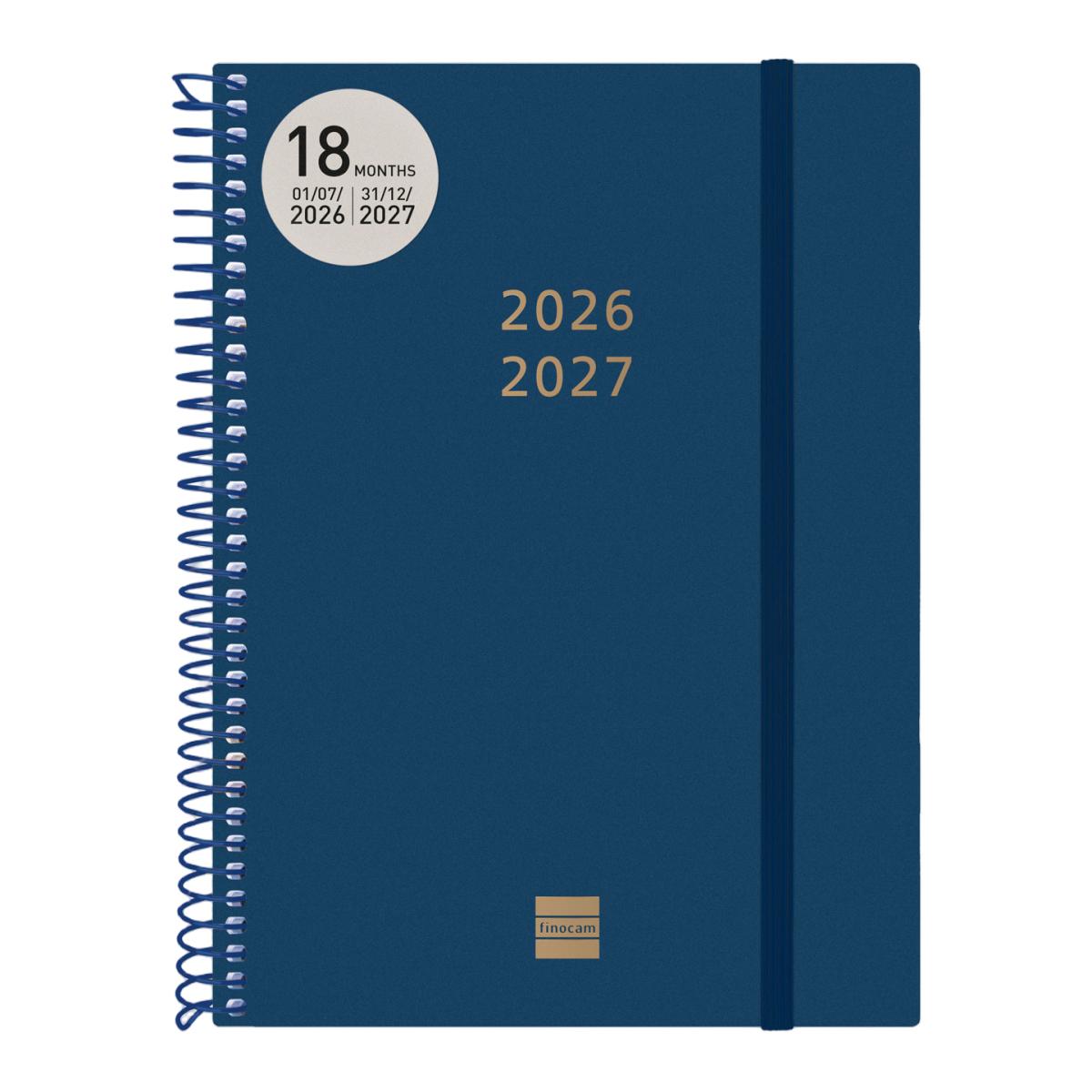 Agenda 18 meses julio 2026-diciembre 2027 espiral E10-155x212 mm semana vista horizontal Finocam azul internacional multilingüe 2