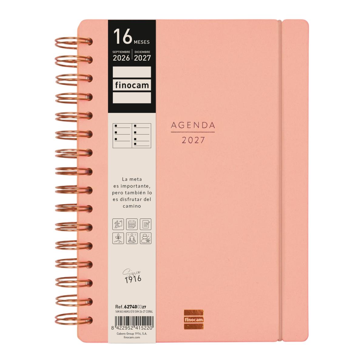 Agenda 16 meses septiembre 2026-diciembre 2027 Haiku E10-155x212 mm semana vista horizontal Finocam coral 2