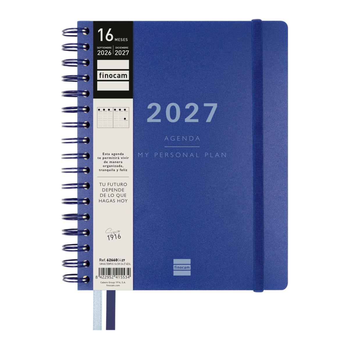 Agenda 16 meses septiembre 2026-diciembre 2027 Tempus 4º-155x217 mm semana vista vertical Finocam azul multilingüe 2
