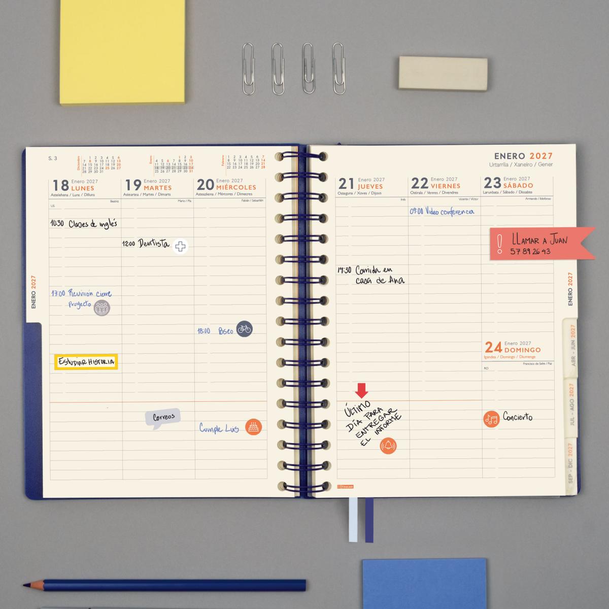 Agenda 16 meses septiembre 2026-diciembre 2027 Tempus 4º-155x217 mm semana vista vertical Finocam azul multilingüe 6