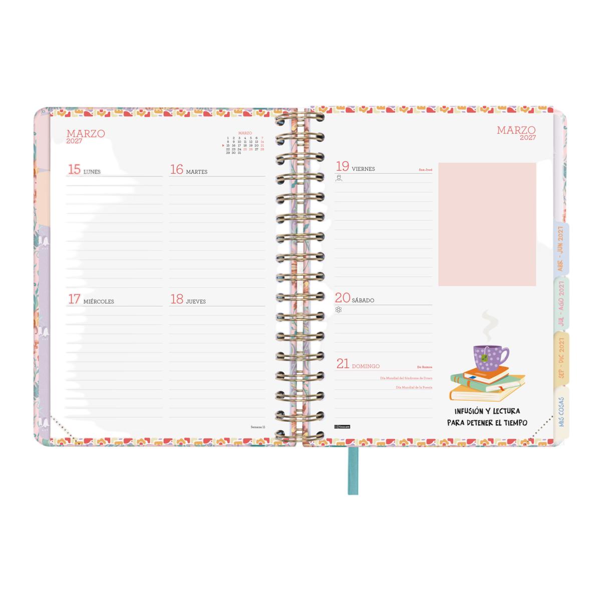 Agenda 16 meses septiembre 2026-diciembre 2027 Vitae 4º-155x217 mm semana vista horizontal Finocam rosa 12