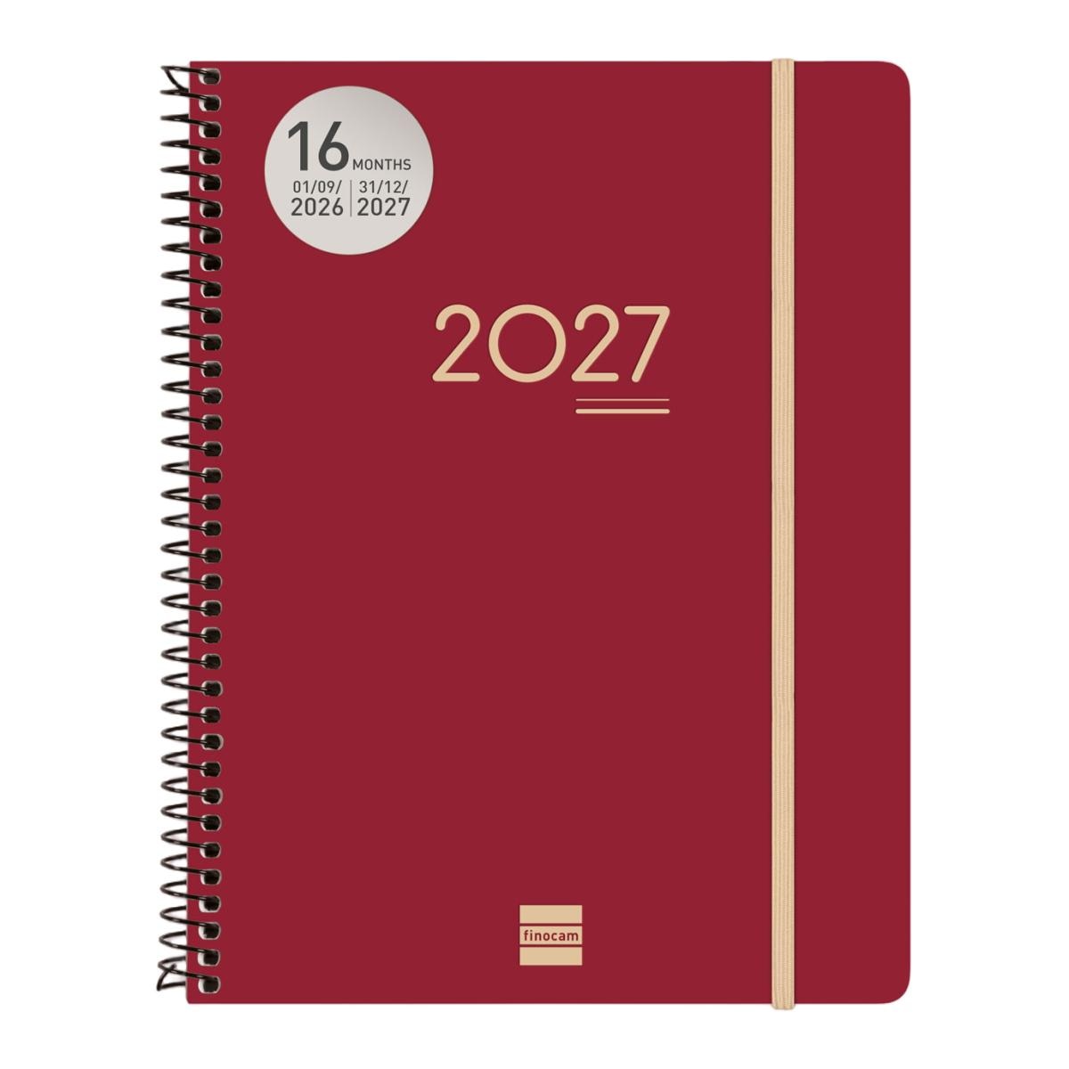 Agenda 16 meses septiembre 2026-diciembre 2027 Ikon E10-155x212 mm semana vista vertical Finocam burdeos internacional multilingüe 2