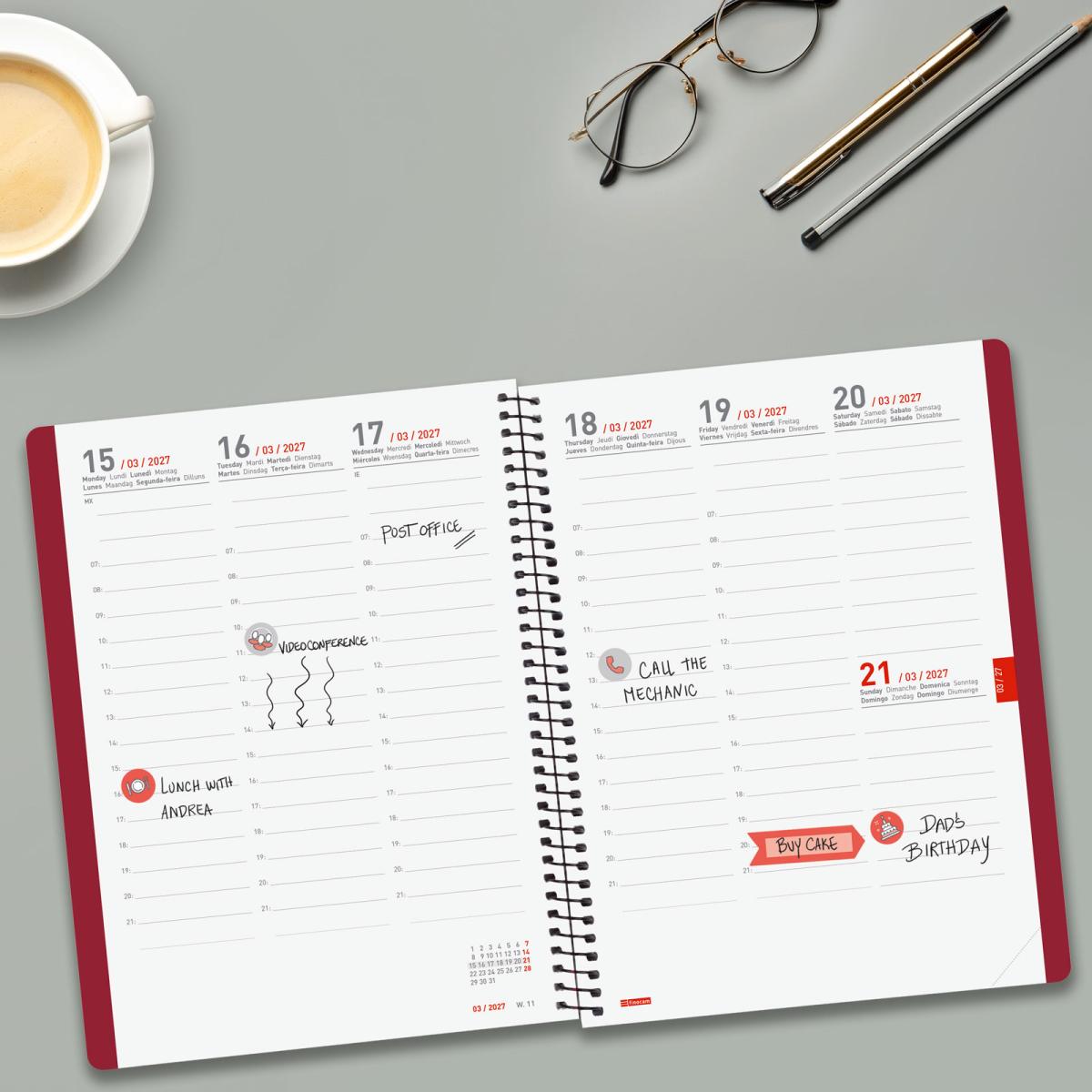 Agenda 16 meses septiembre 2026-diciembre 2027 Ikon E10-155x212 mm semana vista vertical Finocam burdeos internacional multilingüe 4