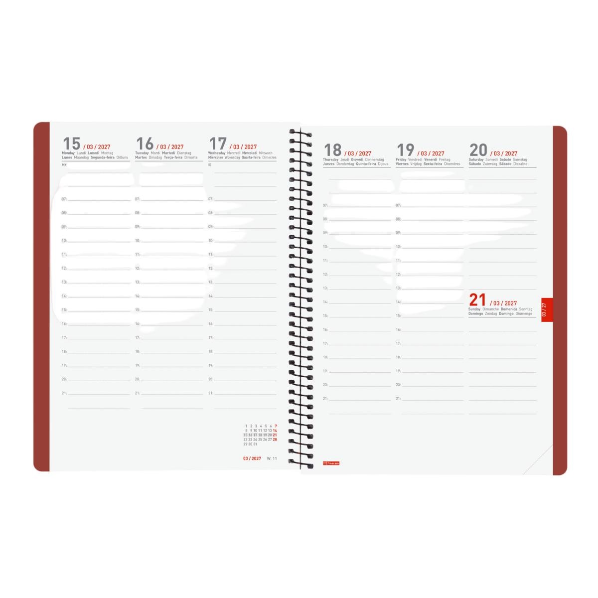 Agenda 16 meses septiembre 2026-diciembre 2027 Ikon E10-155x212 mm semana vista vertical Finocam burdeos internacional multilingüe 5
