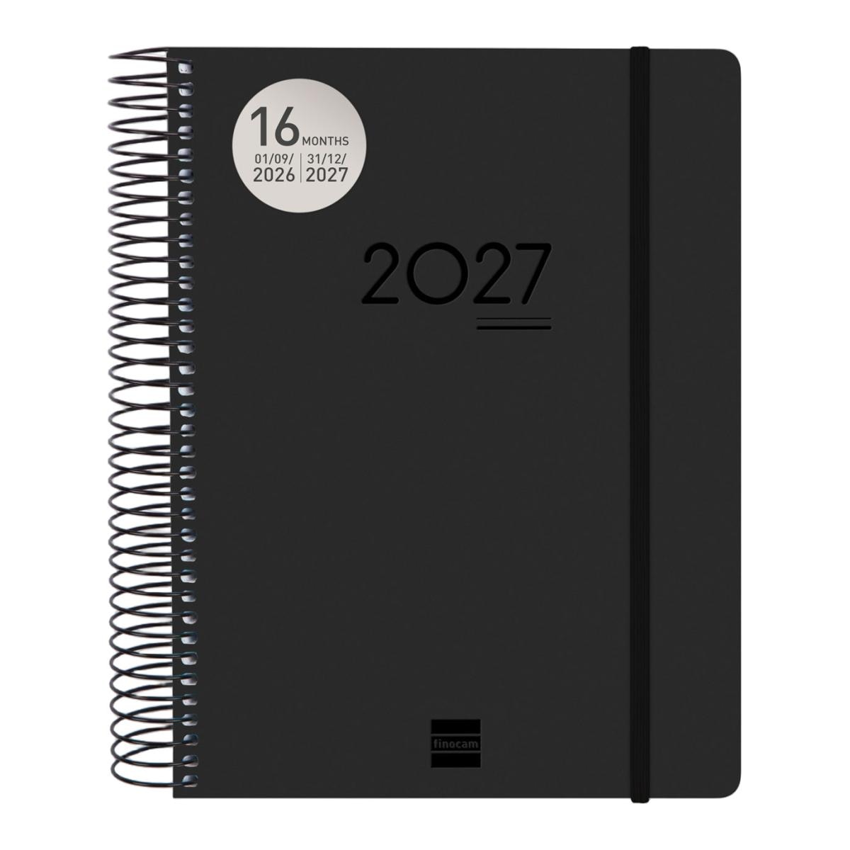Agenda 16 meses septiembre 2026-diciembre 2027 Ikon E10-155x212 mm 1 día página Finocam negro internacional multilingüe 2
