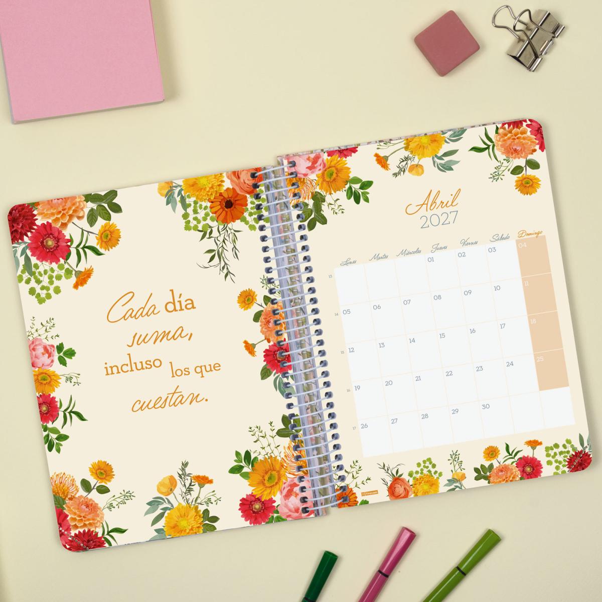 Agenda 16 meses septiembre 2026-diciembre 2027 Cloe E10-155x212 mm semana vista horizontal Finocam rosa 5