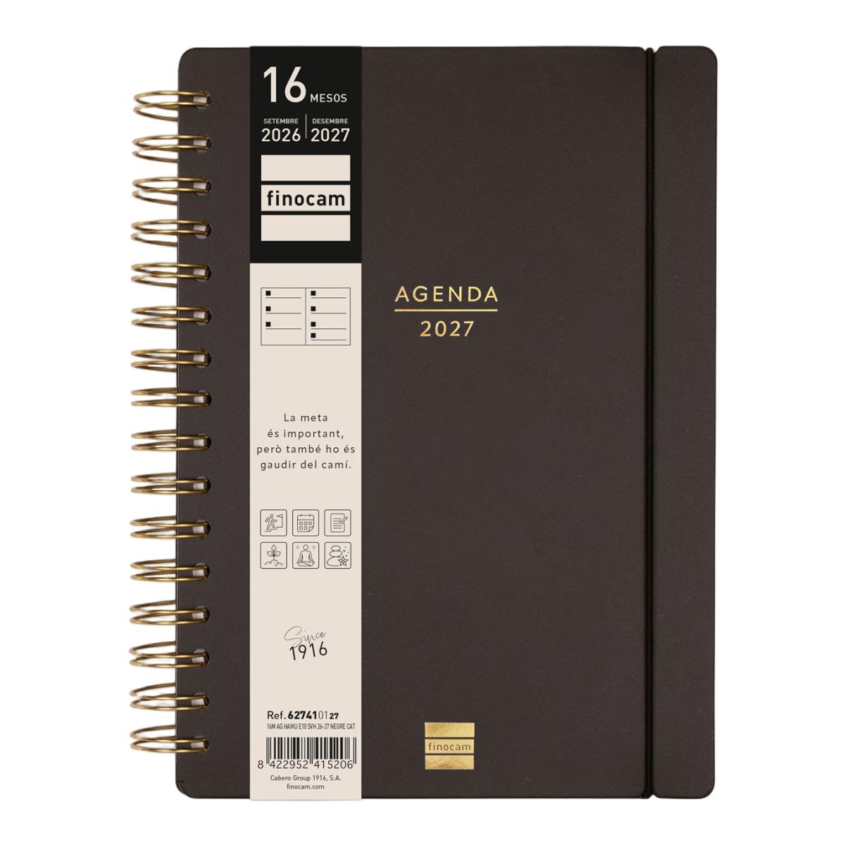 Agenda 16 meses septiembre 2026-diciembre 2027 Haiku E10-155x212 mm semana vista horizontal Finocam negro catalán 2
